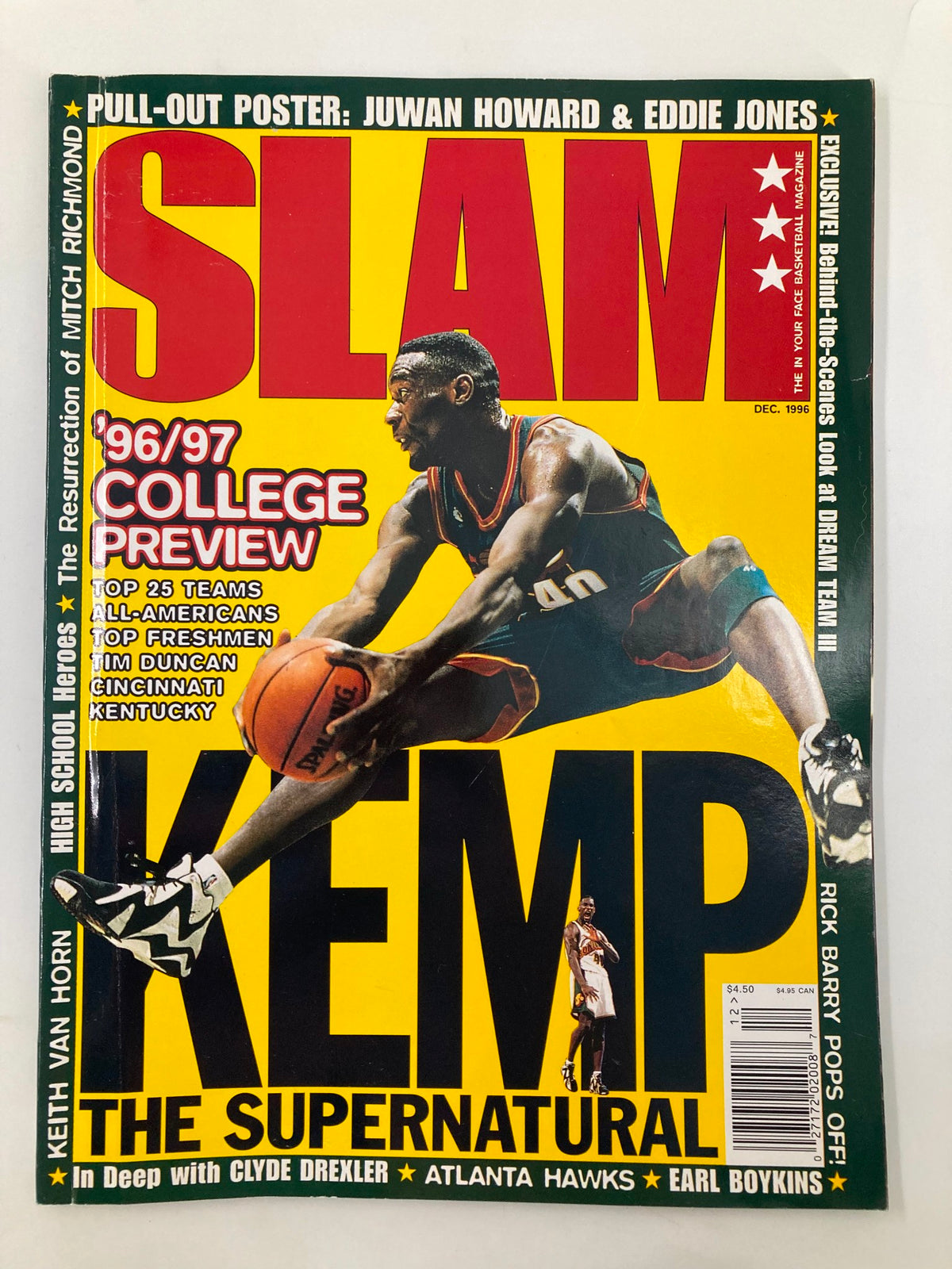 Cover of Slam Magazine, December 1996, featuring Shawn Kemp of the Seattle Supersonics, with a poster included, in a minimalist, no-label design
