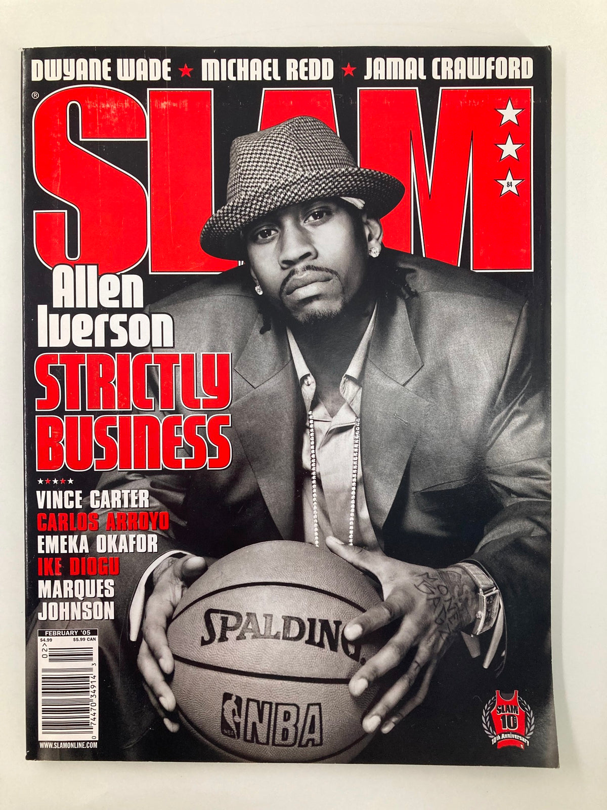 Slam Magazine February 2005 featuring Allen Iverson on the cover with a portrait style, showcasing the text 'STRICTLY BUSINESS' and highlighting NBA stars Dwyane Wade, Michael Redd, and Jamal Crawford.