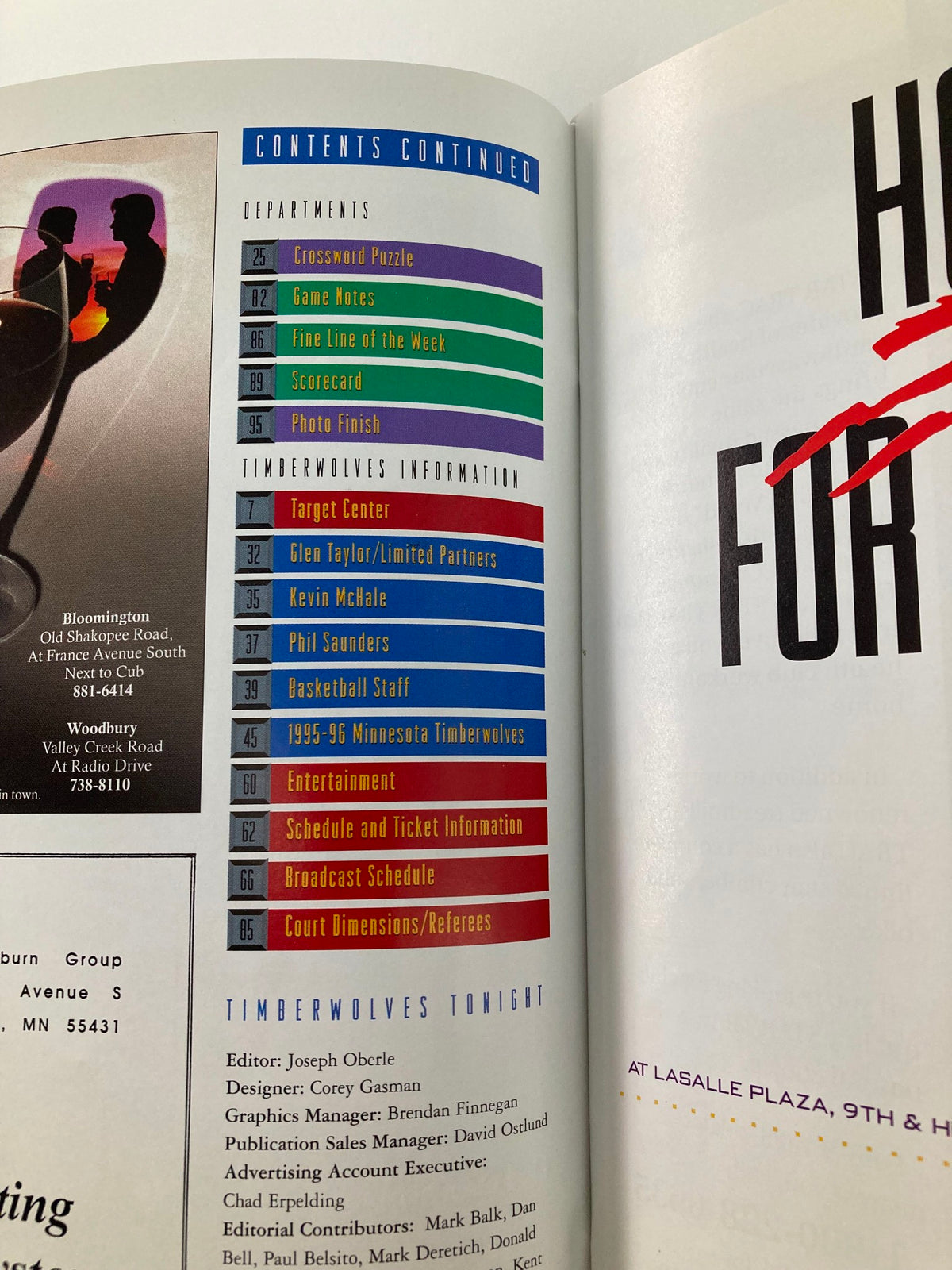 Contents page of Timberwolves Tonight Magazine February 16, 1996 featuring sections on game notes, Timberwolves information, and entertainment, highlighting the Chicago Bulls and Michael Jordan.