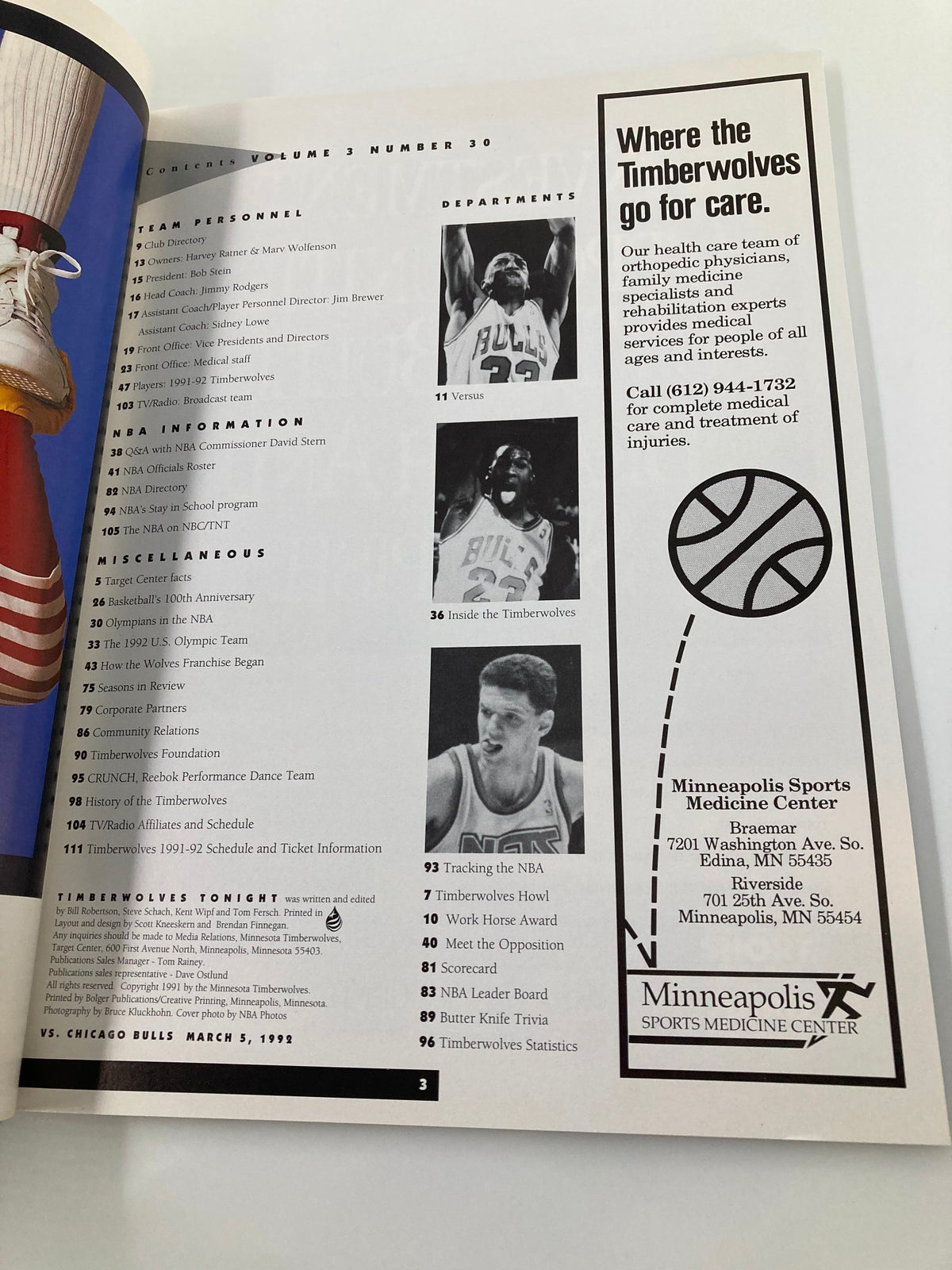 Contents page of Timberwolves Tonight Magazine dated March 5, 1992. The page features sections on team personnel, NBA information, and notable moments from the 1992 season, including the Chicago Bulls and a photograph of a player in action, highlighting the historical significance of this collectible magazine.