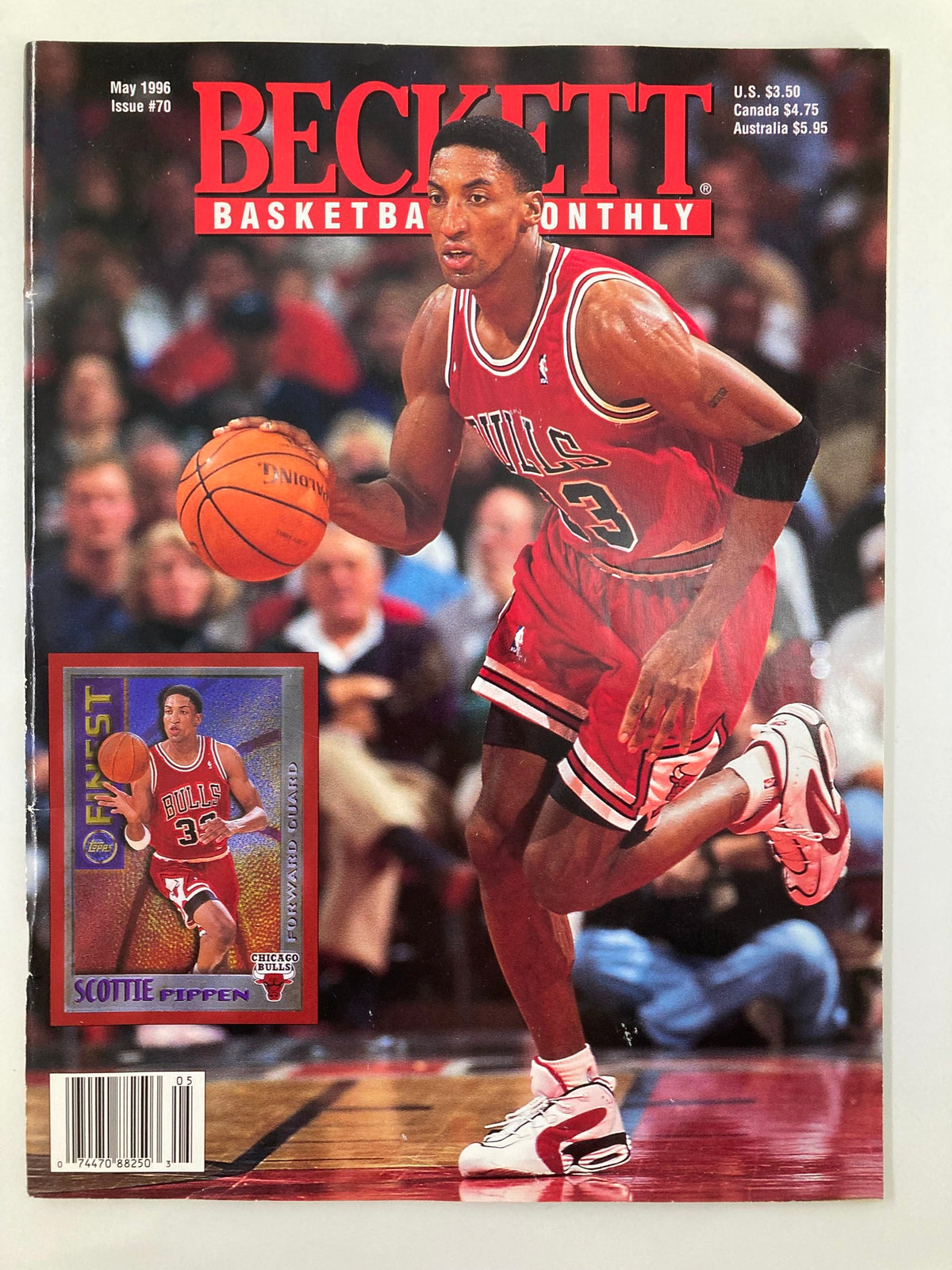 Beckett Basketball Monthly Magazine May 1996 featuring Scottie Pippen on the cover, highlighting the Chicago Bulls star's performance during the 1990s.