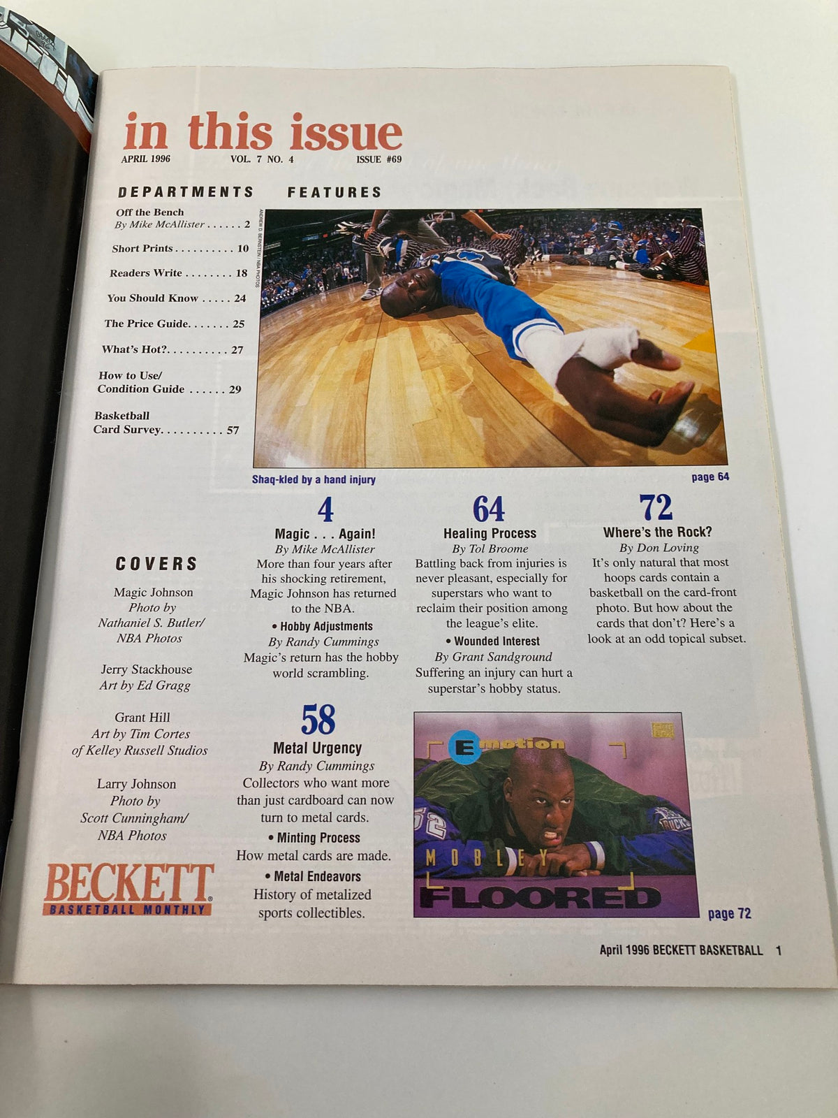 Inside pages of Beckett Monthly Magazine April 1996 Issue #69, detailing features and articles including Magic Johnson's impact and the healing process of injured basketball players.