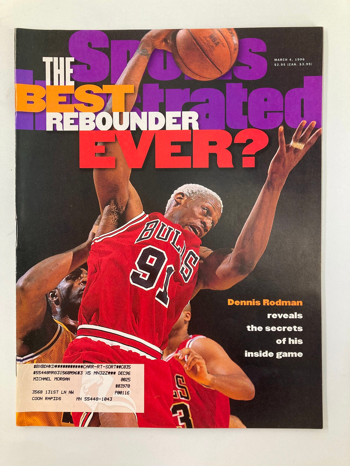 Cover of Sports Illustrated Magazine March 4, 1996 featuring Dennis Rodman, known as 'The Best Rebounder Ever?' showcasing his dynamic playing style during his time with the Chicago Bulls.