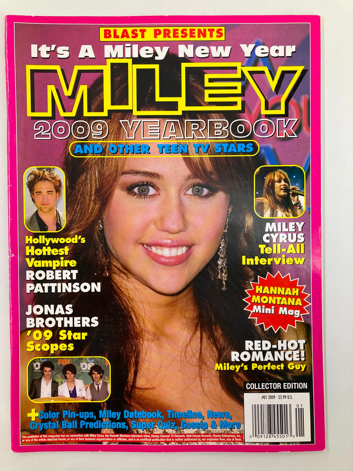Cover of Blast Magazine 2009 #1 featuring Miley Cyrus and Robert Pattinson, highlighting celebrity culture with a colorful design and bold headlines about pop culture icons and featured articles.