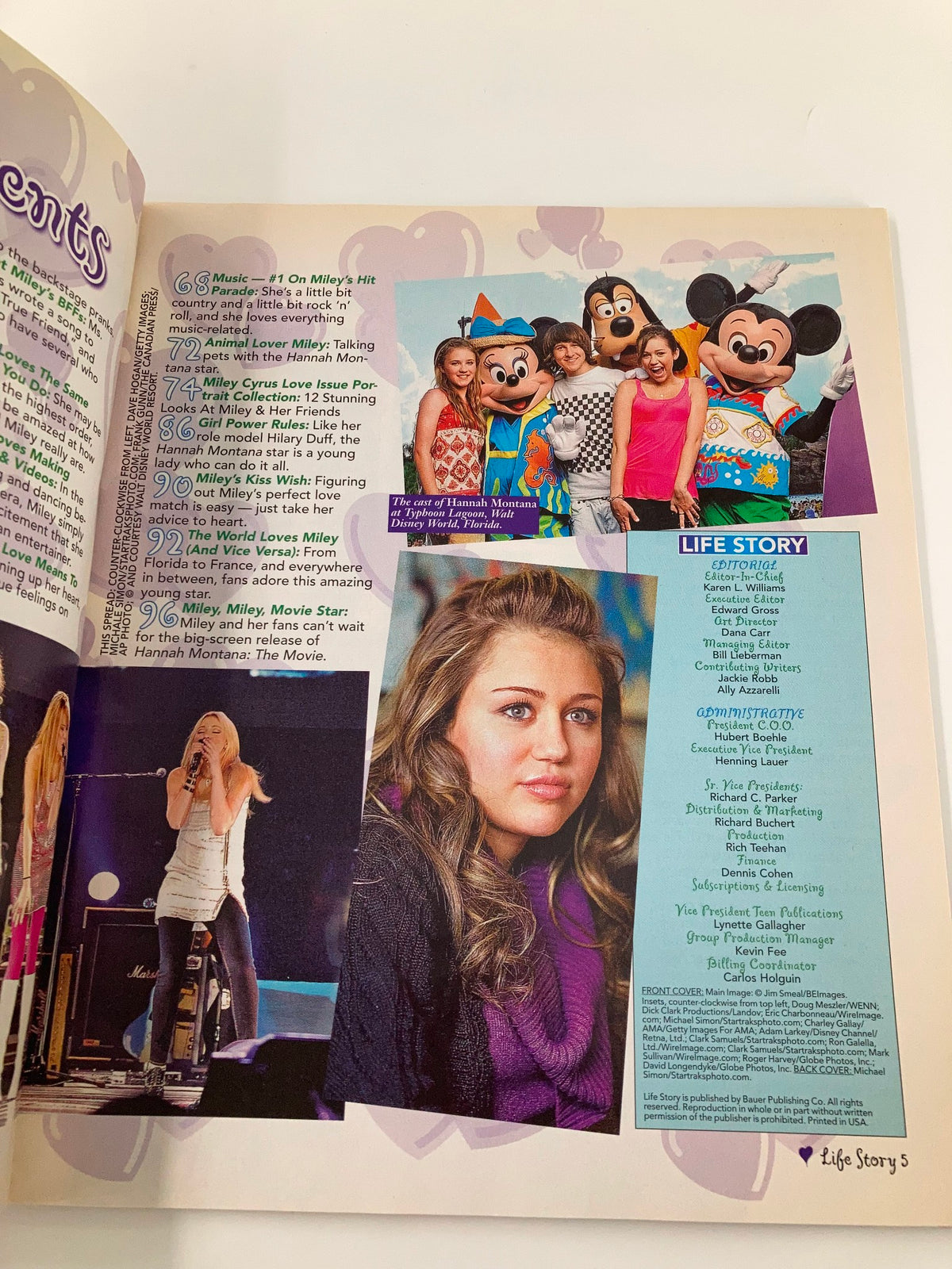 Inside page of Life Story Magazine 2008 Miley Cyrus Love Issue, displaying Miley Cyrus on stage and featuring images of her with Disney characters, capturing her prominent cultural influence.