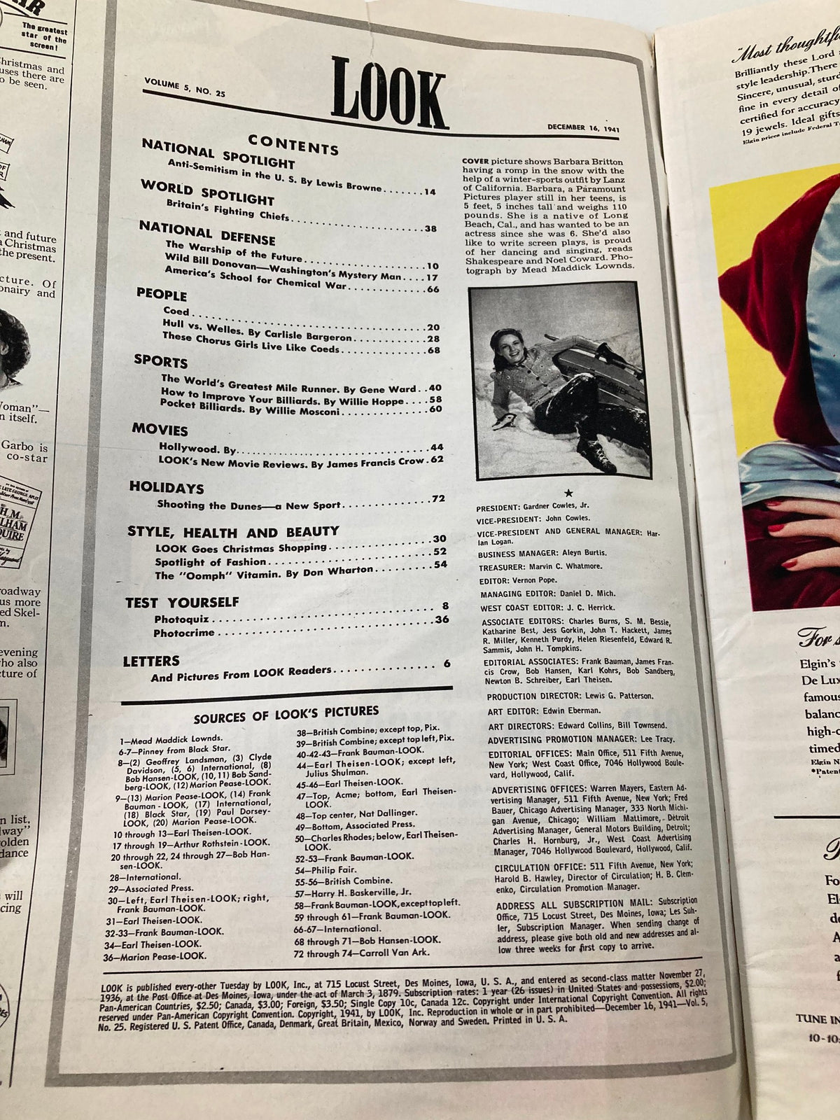 Inside page of VTG Look Magazine December 16, 1941 displaying the table of contents, including articles on national spotlight and sports, reflecting the historical context of the time.