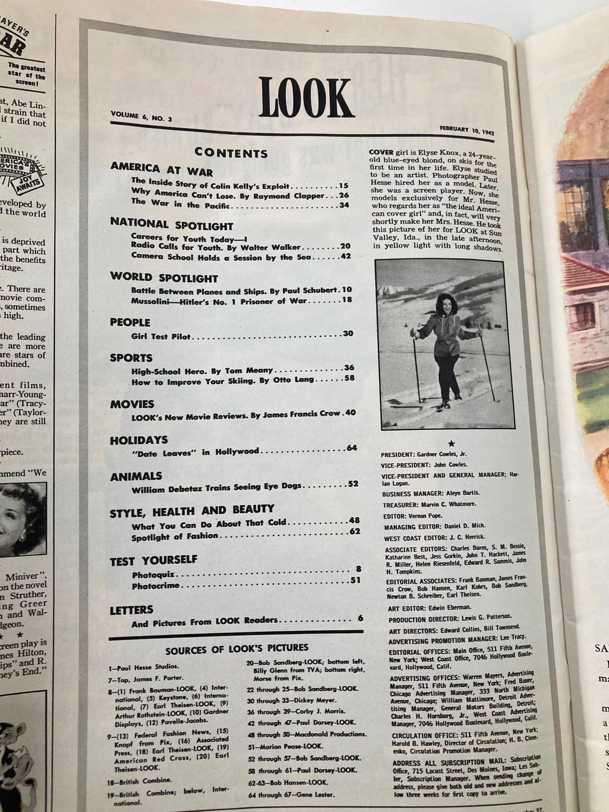 Contents page of VTG Look Magazine February 10, 1942 showcasing articles on various topics including sports and fashion, highlighting Elyse Knox as the cover girl.