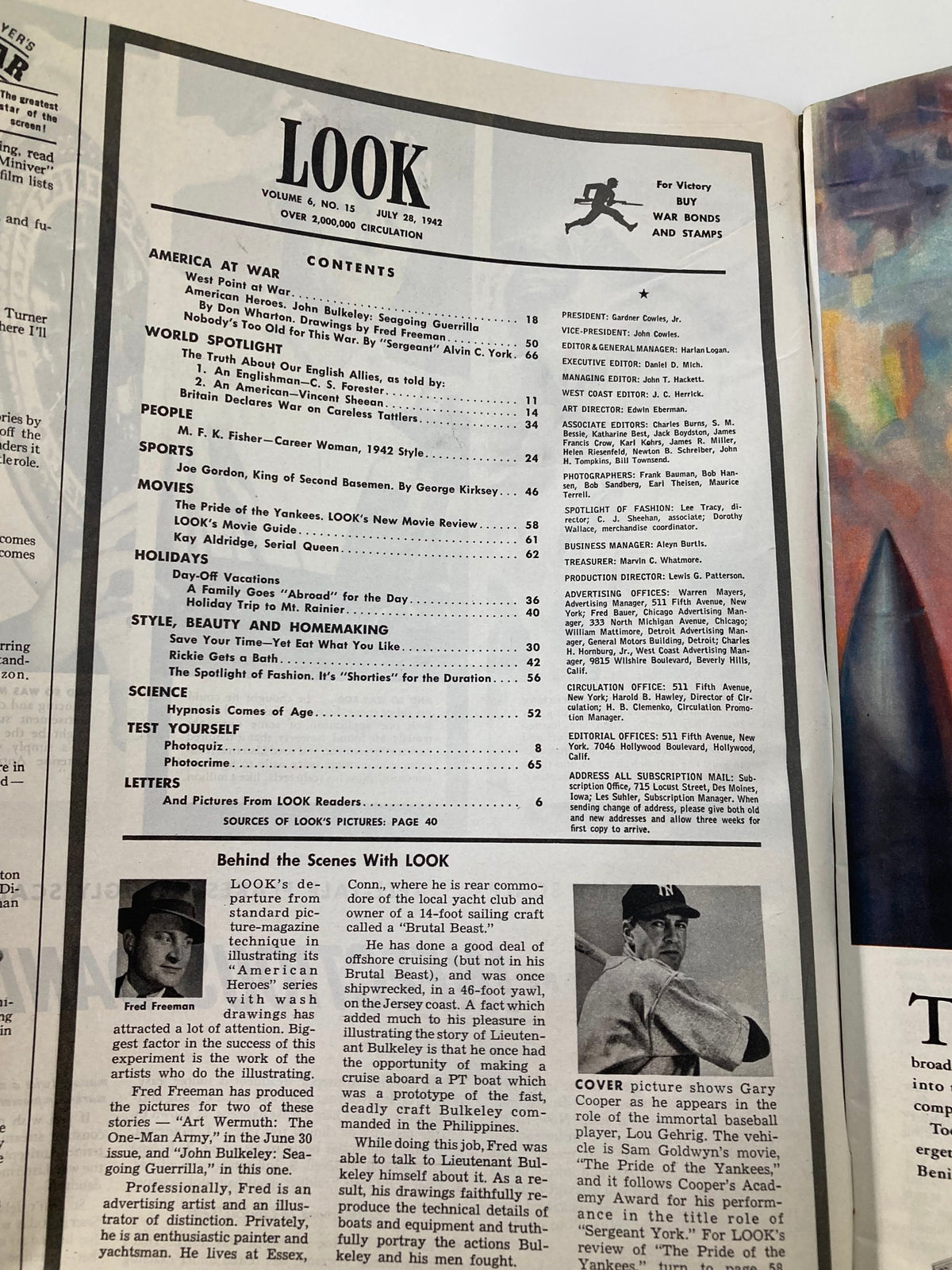 Contents page of Look Magazine dated July 28, 1942, detailing articles and features, including a section on Gary Cooper and his portrayal in 'The Pride of The Yankees'.