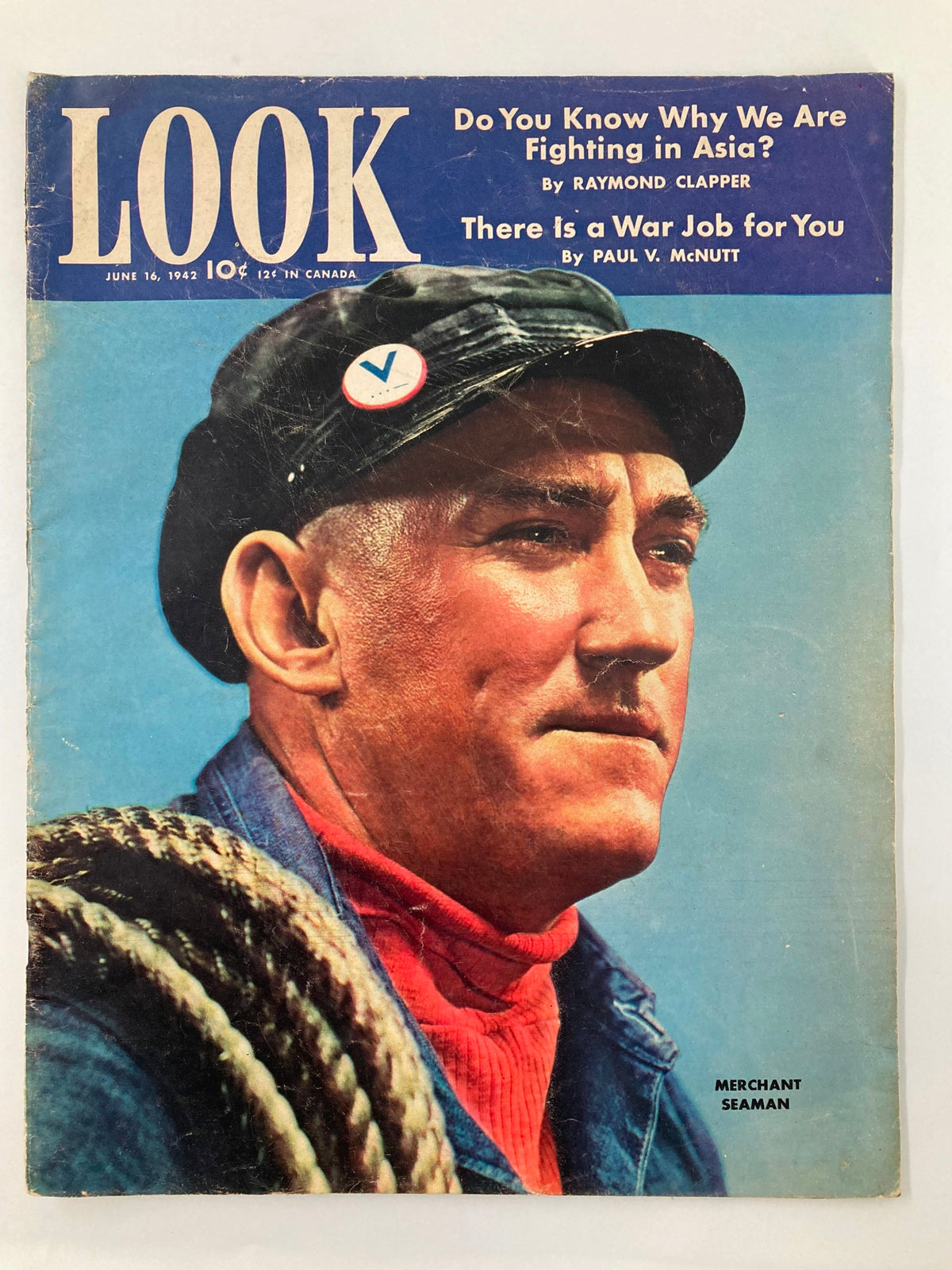 Cover of VTG Look Magazine June 16, 1942 featuring a portrait of a merchant seaman, highlighting the article 'America's Hard-Bitten Merchant Seamen'.