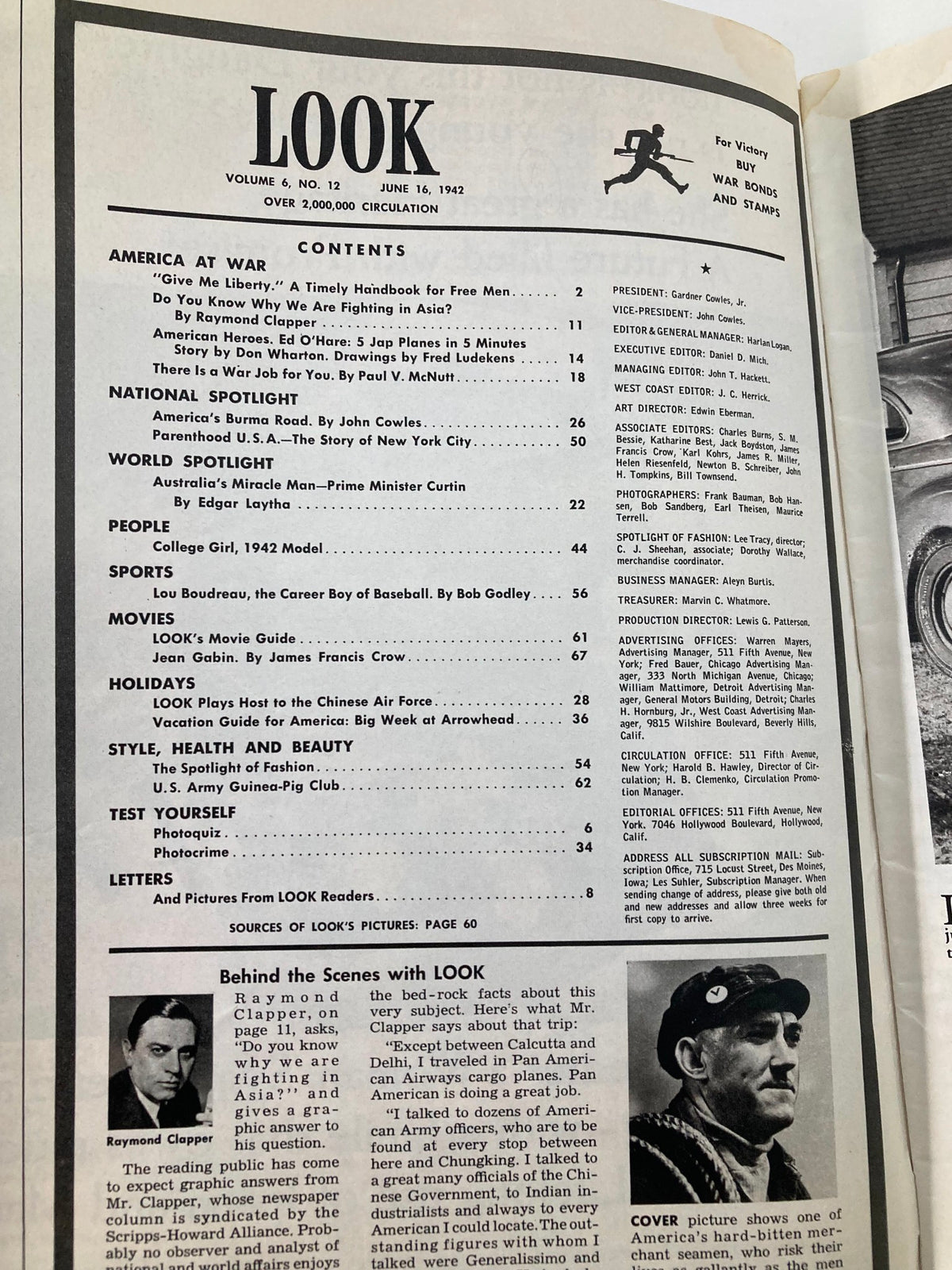 Contents page of VTG Look Magazine June 16, 1942 outlining articles including 'Do You Know Why We Are Fighting in Asia?' and 'There is a War Job for You'.