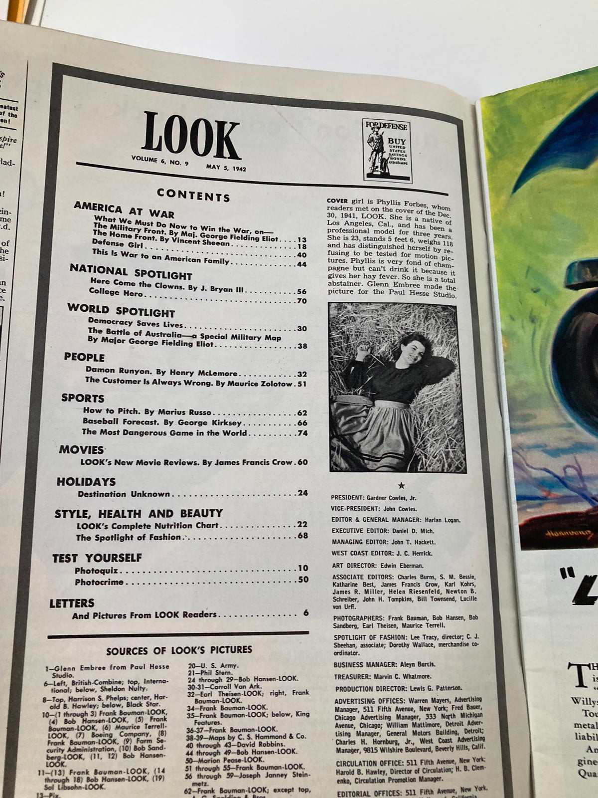 Inside page of the VTG Look Magazine May 5, 1942 featuring contents and details about the model Phyllis Forbes, showcasing the magazine's vintage aesthetic and fashion context.