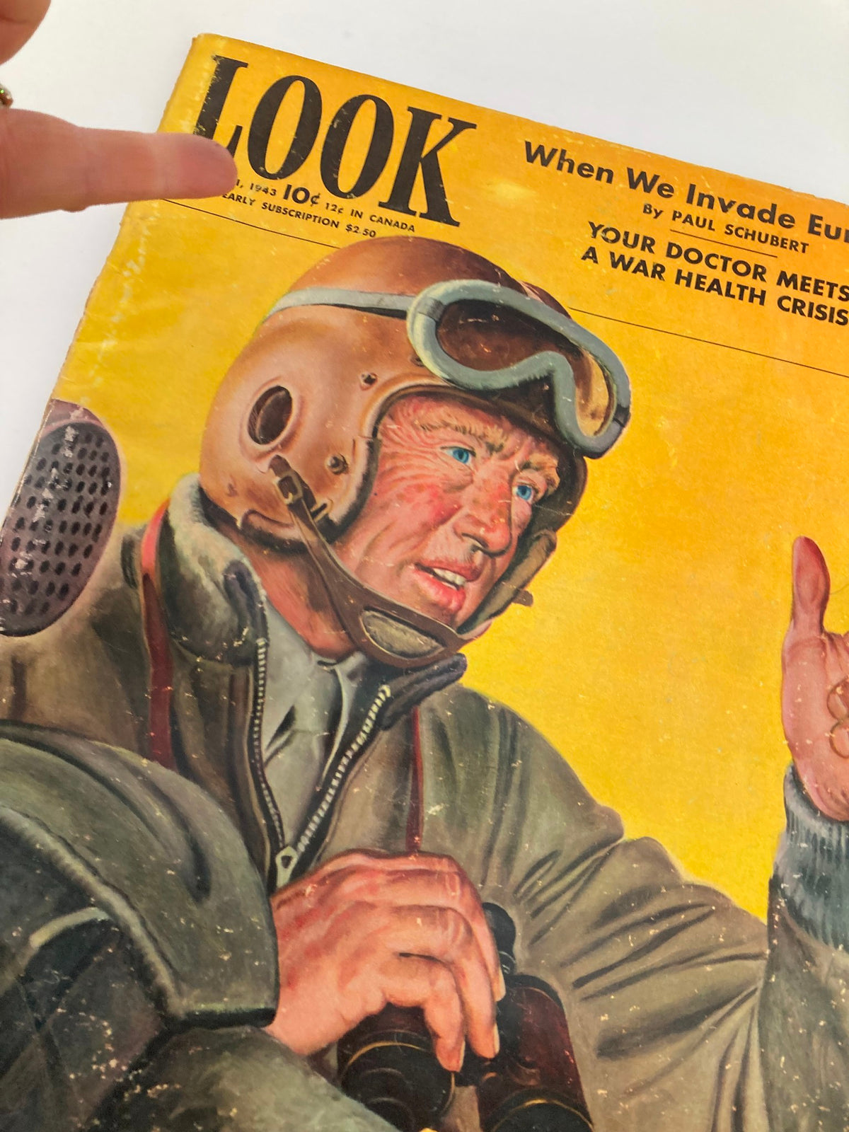 Cover of VTG Look Magazine June 1 1943 featuring a painting of Lt. Gen. George S. Patton, showcasing a military figure in gear against a vibrant yellow background.