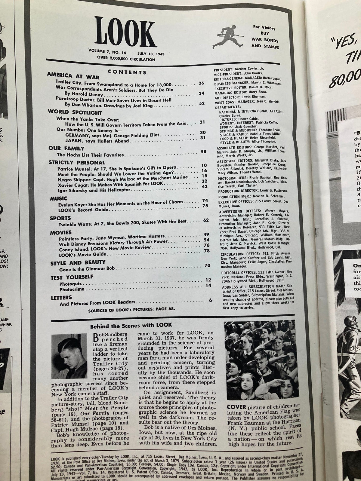 Inside page of VTG Look Magazine July 13 1943, displaying the table of contents and highlights from the issue, emphasizing historical themes.