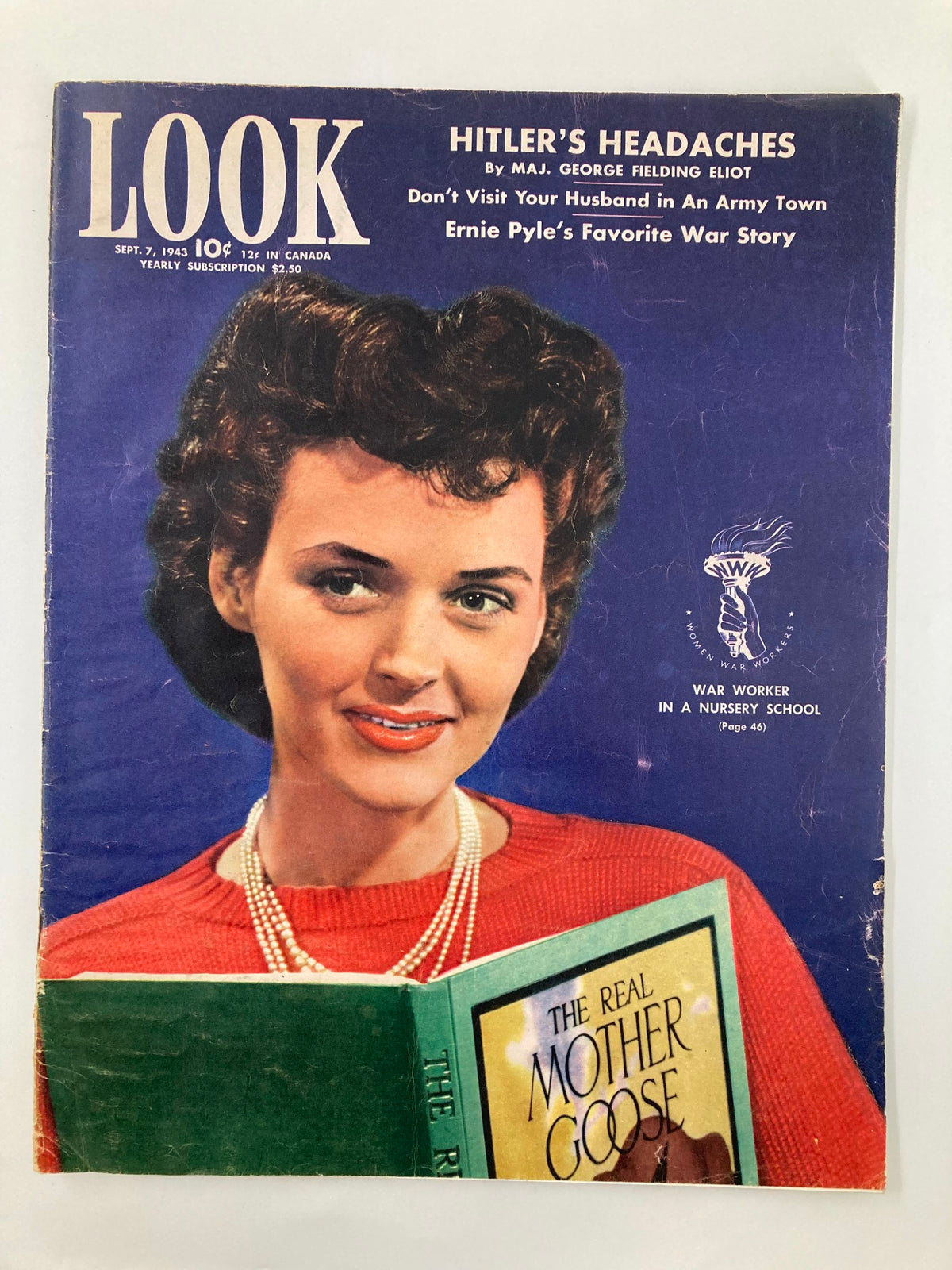 VTG Look Magazine September 7, 1943 cover featuring a woman in a red sweater reading 'The Real Mother Goose,' highlighting the cover story on war workers in a nursery school.