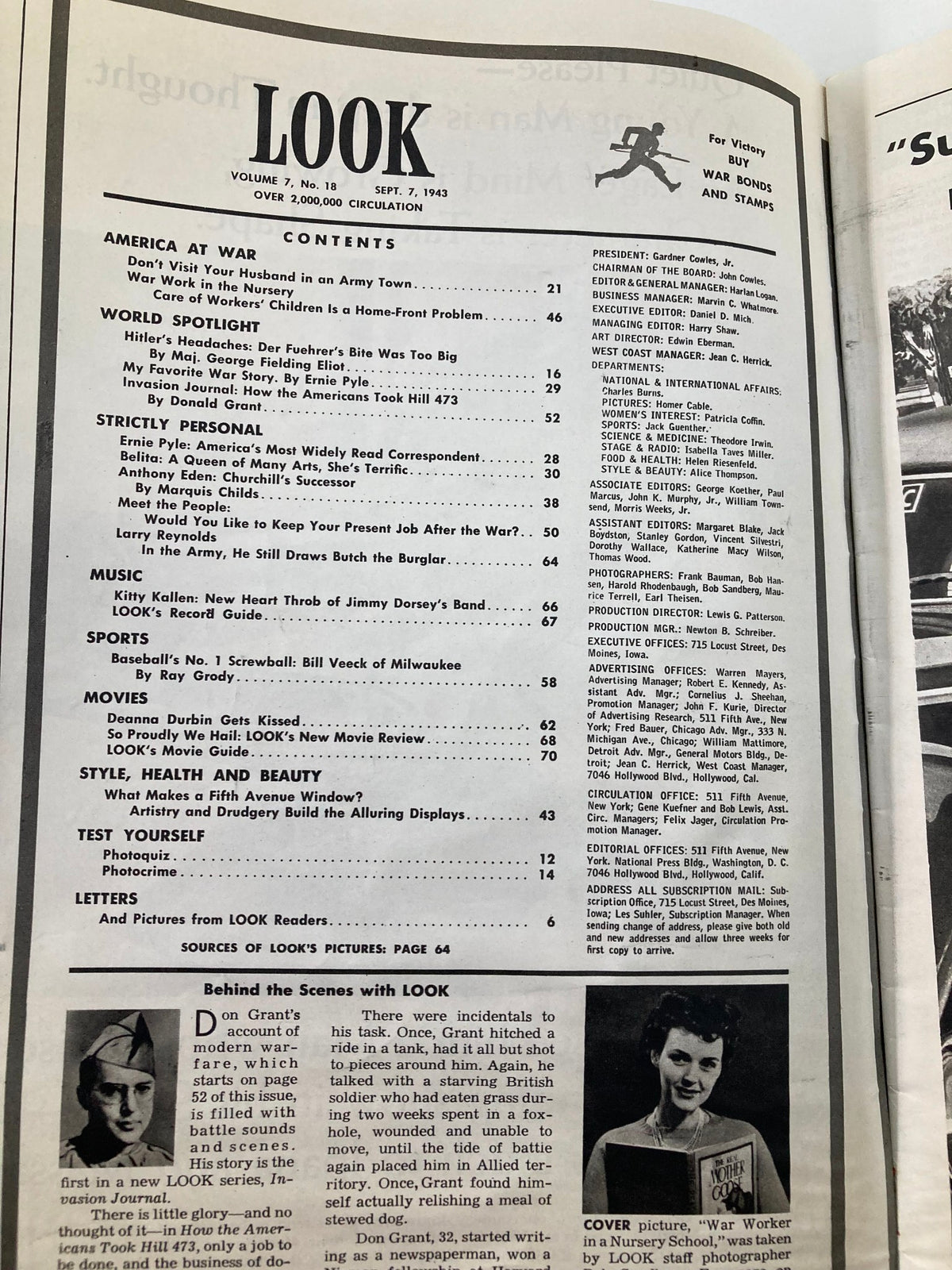 Inside content page of the VTG Look Magazine from September 7, 1943, detailing articles including 'War Work in the Nursery' and 'Hitler's Headaches', showcasing the magazine's diverse wartime topics.