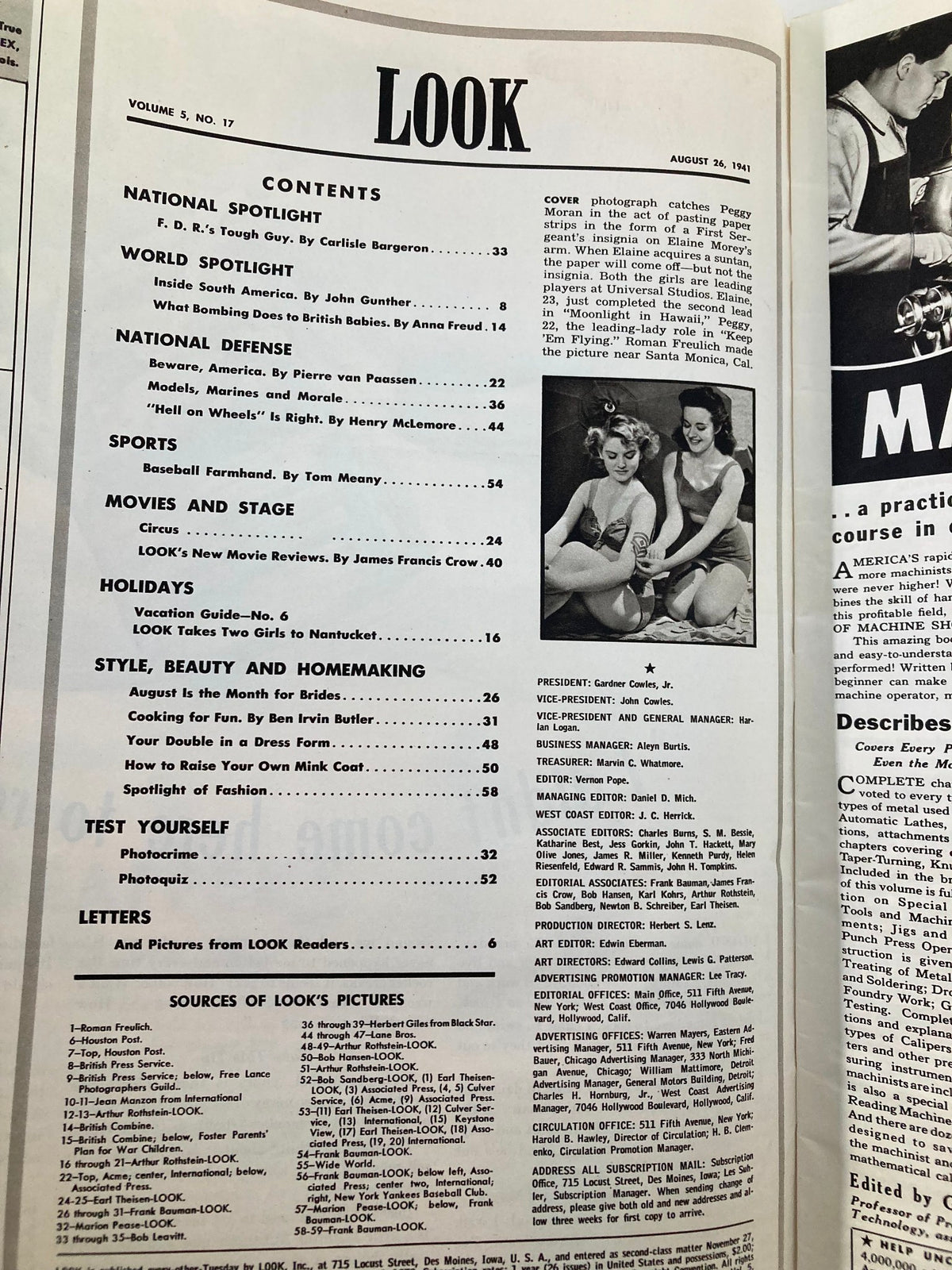 Interior page of Vintage Look Magazine August 26 1941 showcasing the table of contents with features on various topics including entertainment, fashion, and national spotlight.