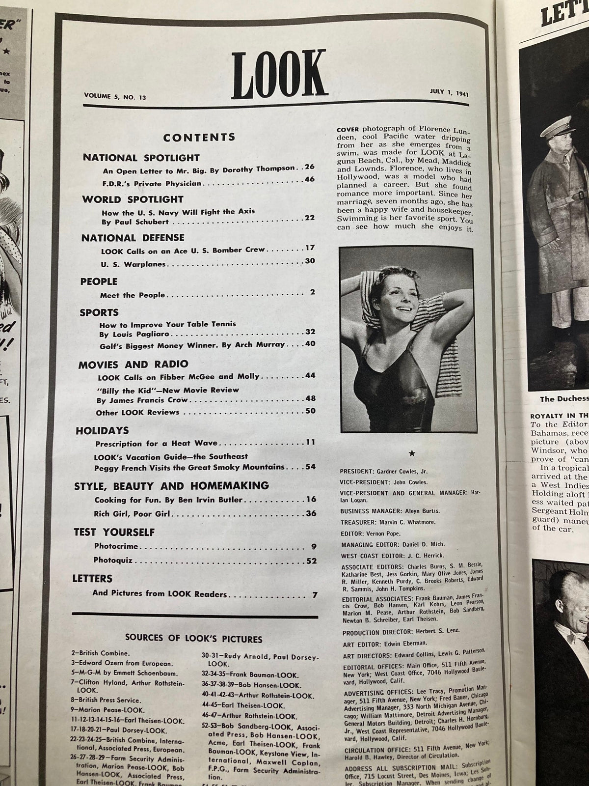 Contents page of VTG Look Magazine July 1 1941, including an article titled 'An Open Letter to Mr. Big' by Dorothy Thompson and features on various topics.