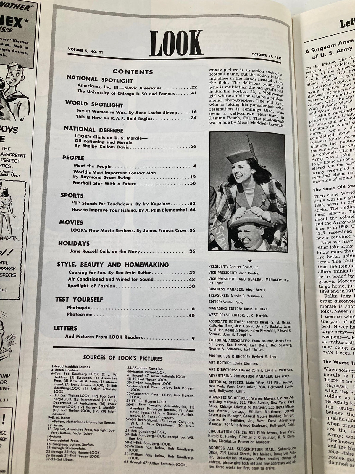 Contents page of VTG Look Magazine October 21, 1941, outlining articles including 'World's Most Important Contact Man' and other features reflective of the era.