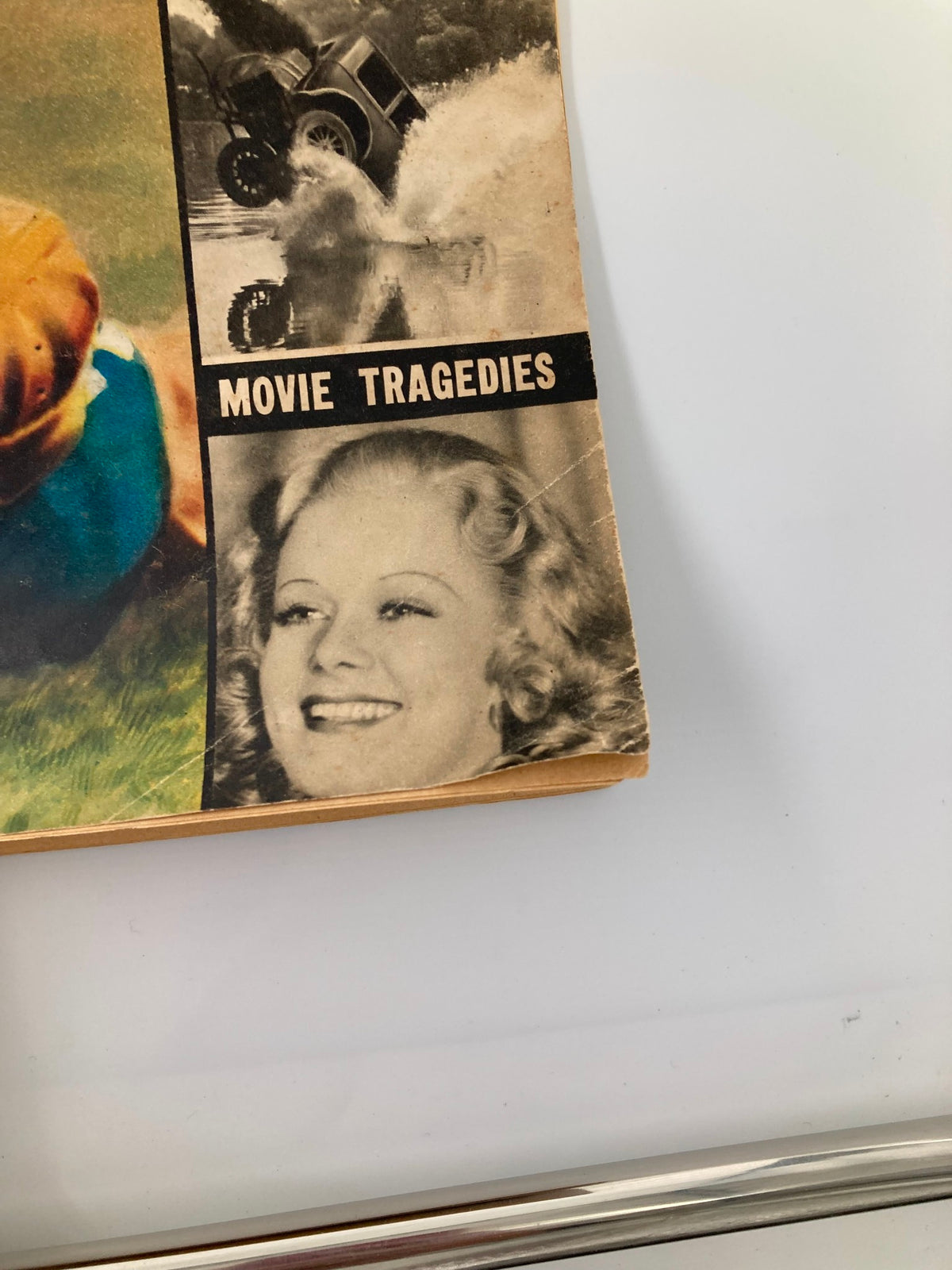 Bottom corner of the VTG Look Magazine from October 26, 1937, showcasing the title 'Movie Tragedies' alongside a vintage photograph of a smiling actress.