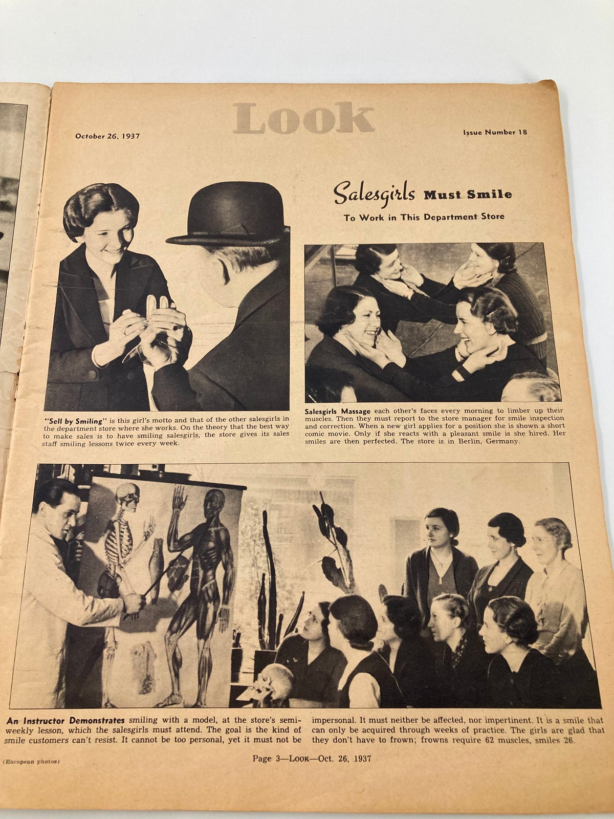 Inside page of the VTG Look Magazine dated October 26, 1937, featuring an article titled 'Salesgirls Must Smile' with images of salesgirls in a department store setting.