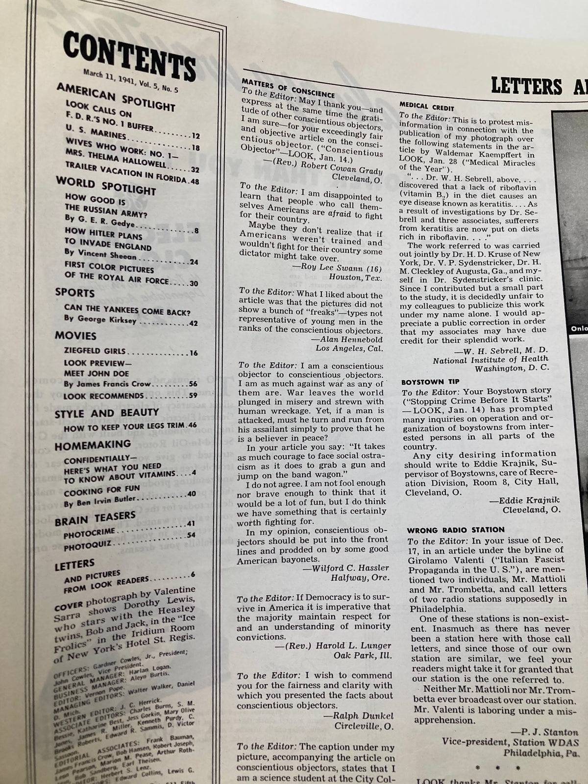 Interior contents page of Vintage Look Magazine March 11, 1941, listing various articles and features of the issue including a focus on historical events.