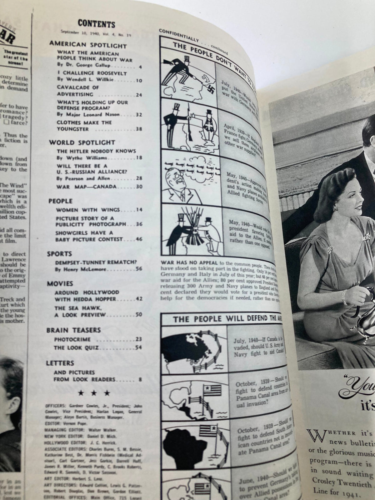 Inside page of the Vintage Look Magazine from September 10, 1940, showcasing the table of contents with articles discussing war policies and societal views during World War II.