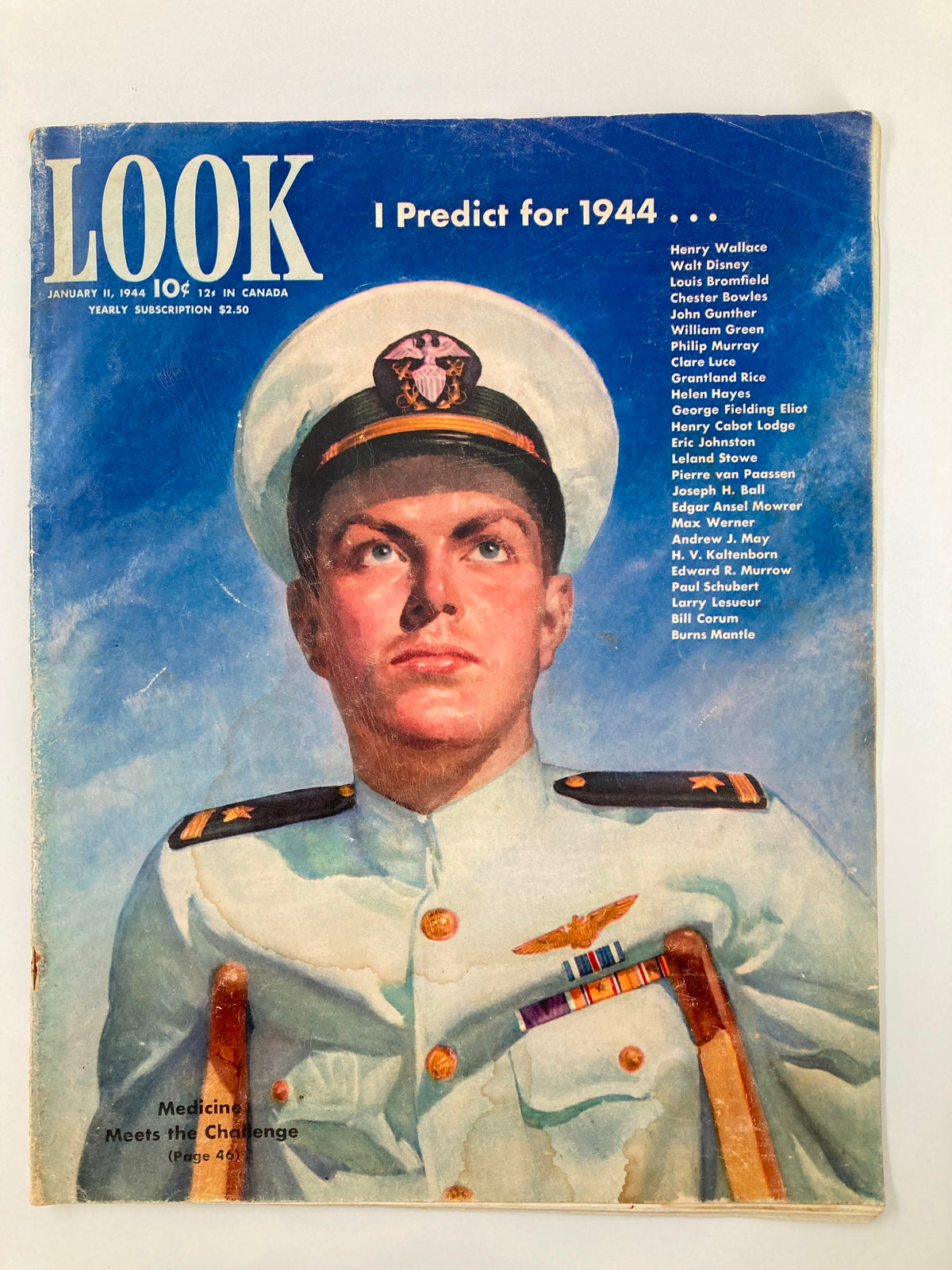 Cover page of VTG Look Magazine January 11 1944, featuring the title 'I Predict for 1944' and an illustration of a U.S. Navy ensign.
