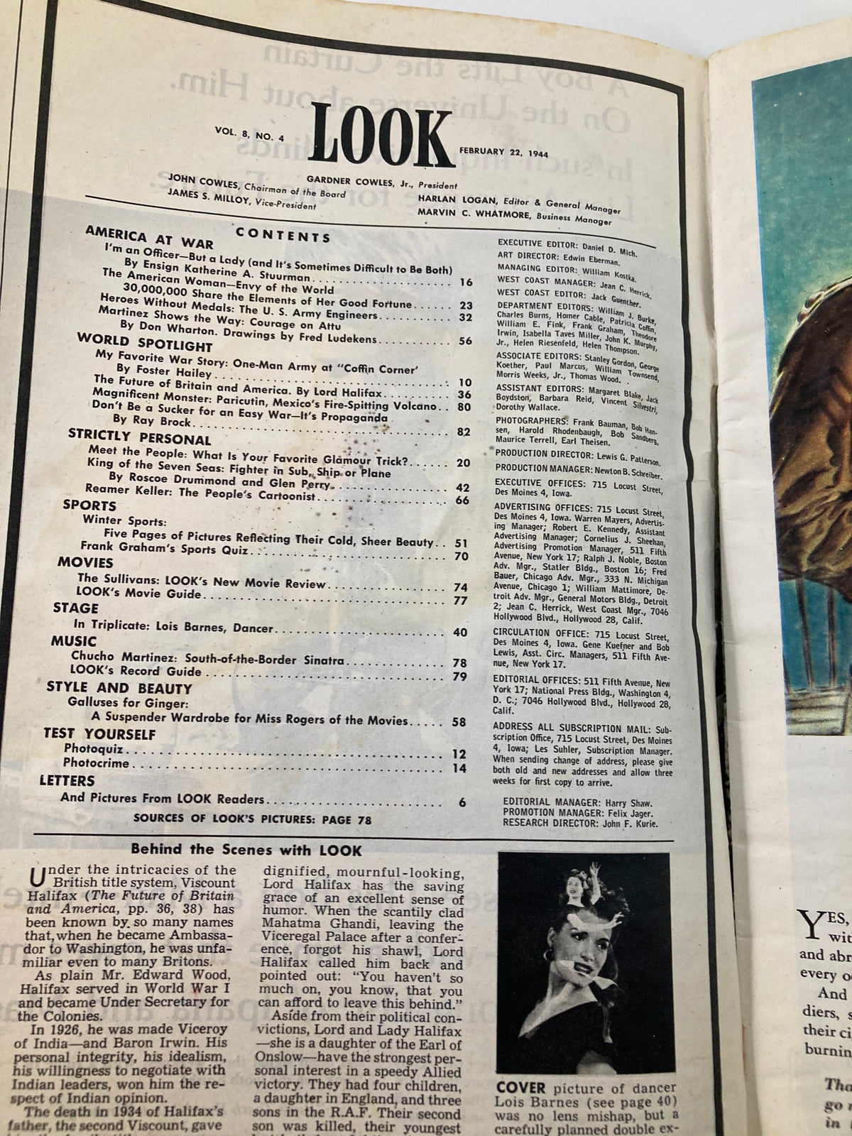 Table of contents page from VTG Look Magazine February 22, 1944 listing features including dancer Lois Barnes, offering historical insights.