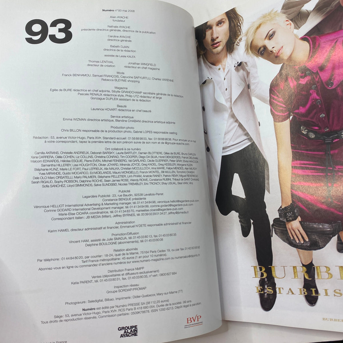 Interior page of Numéro Magazine May 2008 No. 93 displaying editorial content and advertisements, highlighting fashion trends of the time.