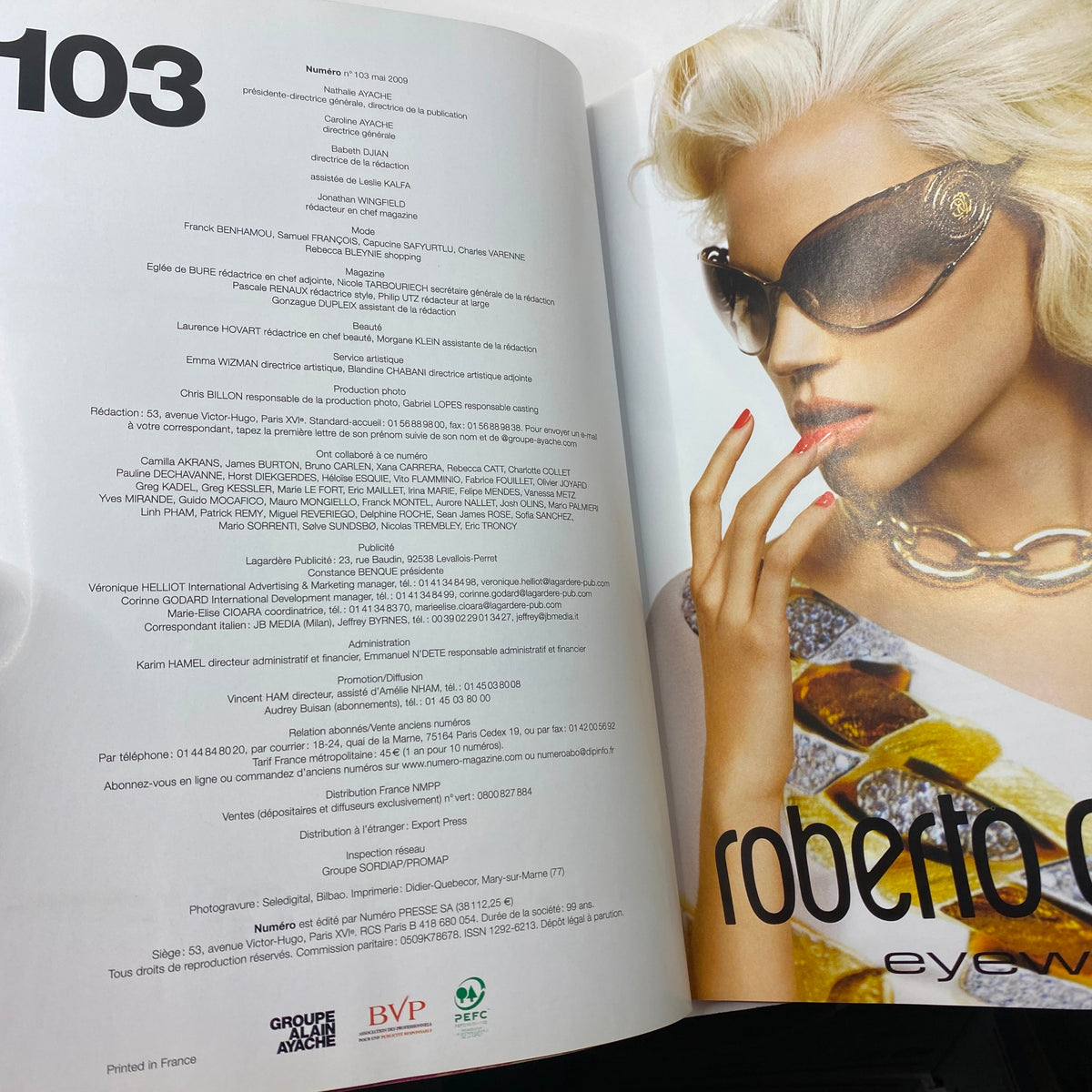 Inside page of Numéro Magazine May 2009 No. 103 featuring fashion editorial with model showcasing Roberto Cavalli eyewear.