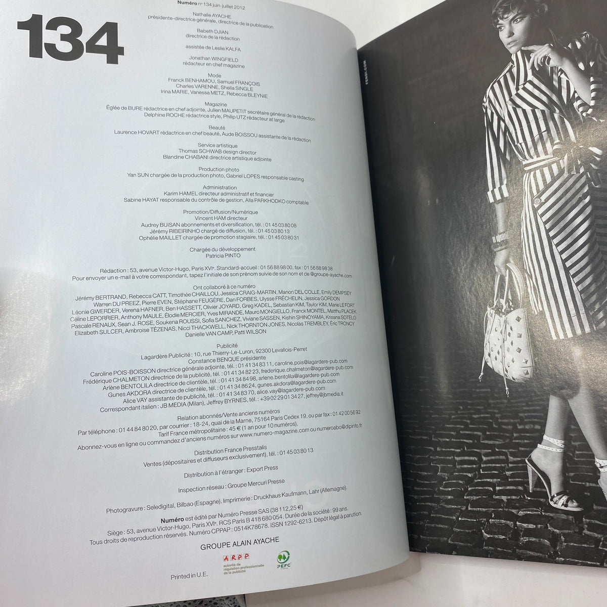 Inside page of Numéro Magazine June 2012 No. 134, featuring publication details and credits.