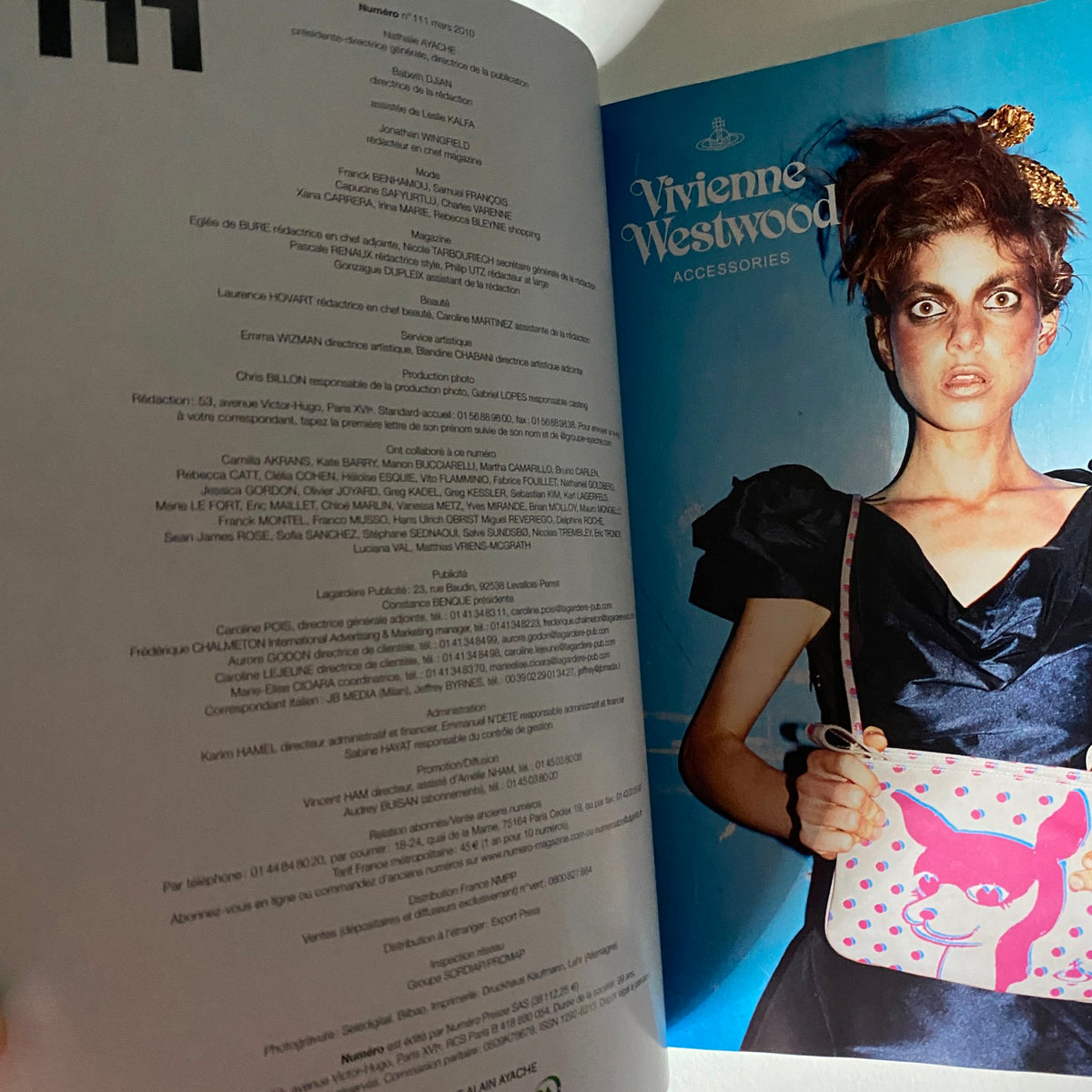 Interior page of Numéro Magazine March 2010 No. 111 showcasing Vivienne Westwood accessories, featuring a model with striking makeup and a bold fashion look.