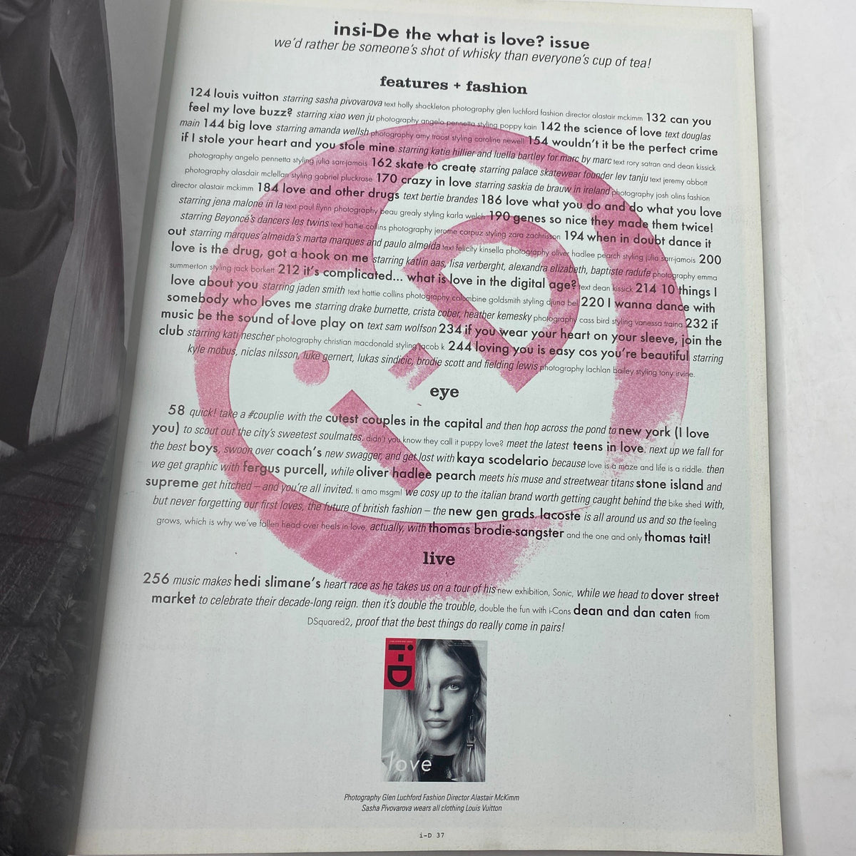 Inside page of i-D Magazine Fall 2014 No. 333 detailing features and articles, branded with a large pink logo.