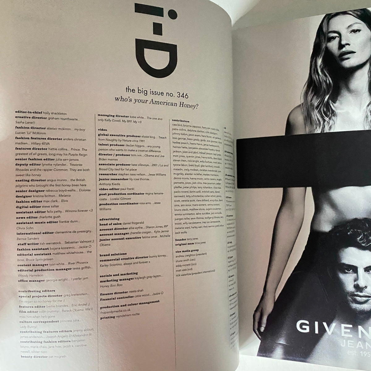 Inside page of i-D Magazine Winter 2016 No. 346 displaying the editorial team and details, highlighting the magazine's contributors and content organization.