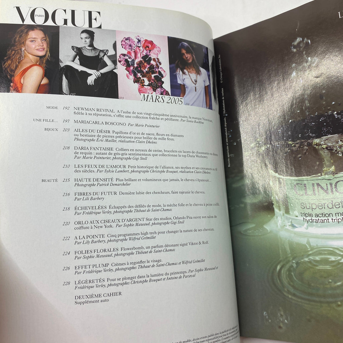Inside page of Vogue Paris Magazine March 2005 featuring content index and highlights from the issue, showcasing articles related to fashion and beauty trends.