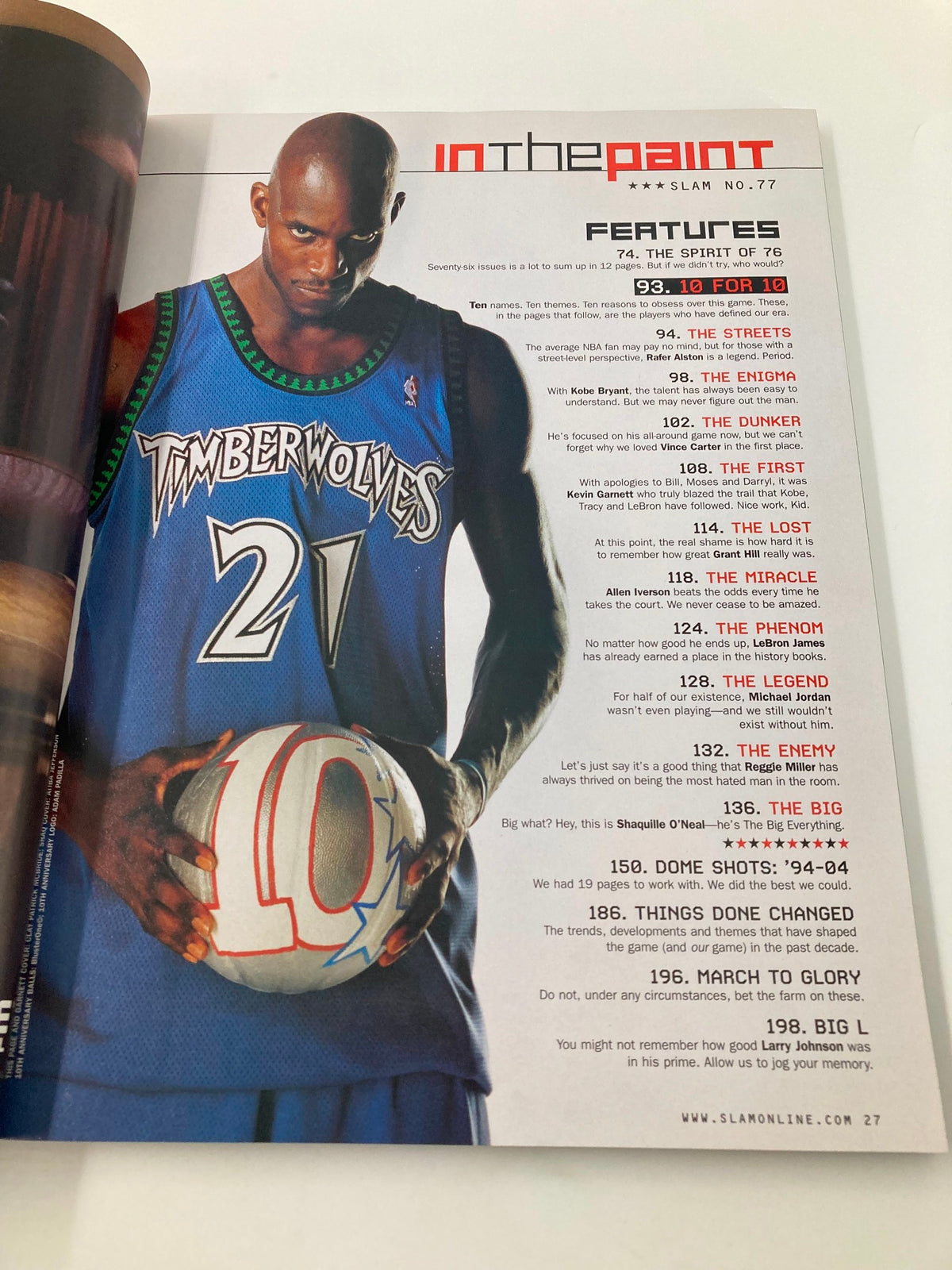 Slam Magazine April 2004 NBA Timberwolves Edition Featuring Kevin Garnett in action, showcasing his iconic jersey number 21 while highlighting his contributions to the Timberwolves.