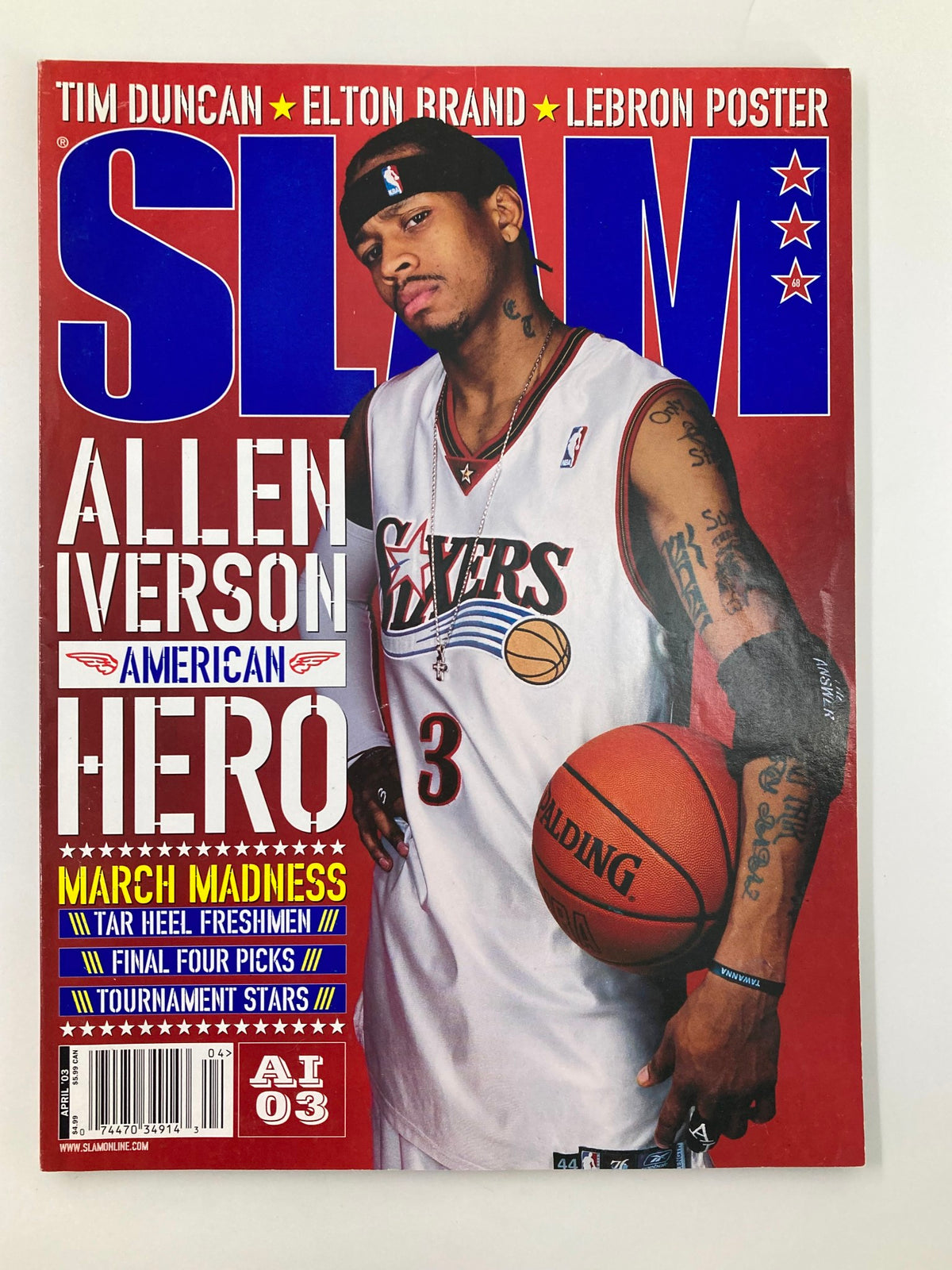 Cover of Slam Magazine April 2003 featuring NBA superstar Allen Iverson as 'Hero', with basketball and Sixers jersey, part of the collection with poster