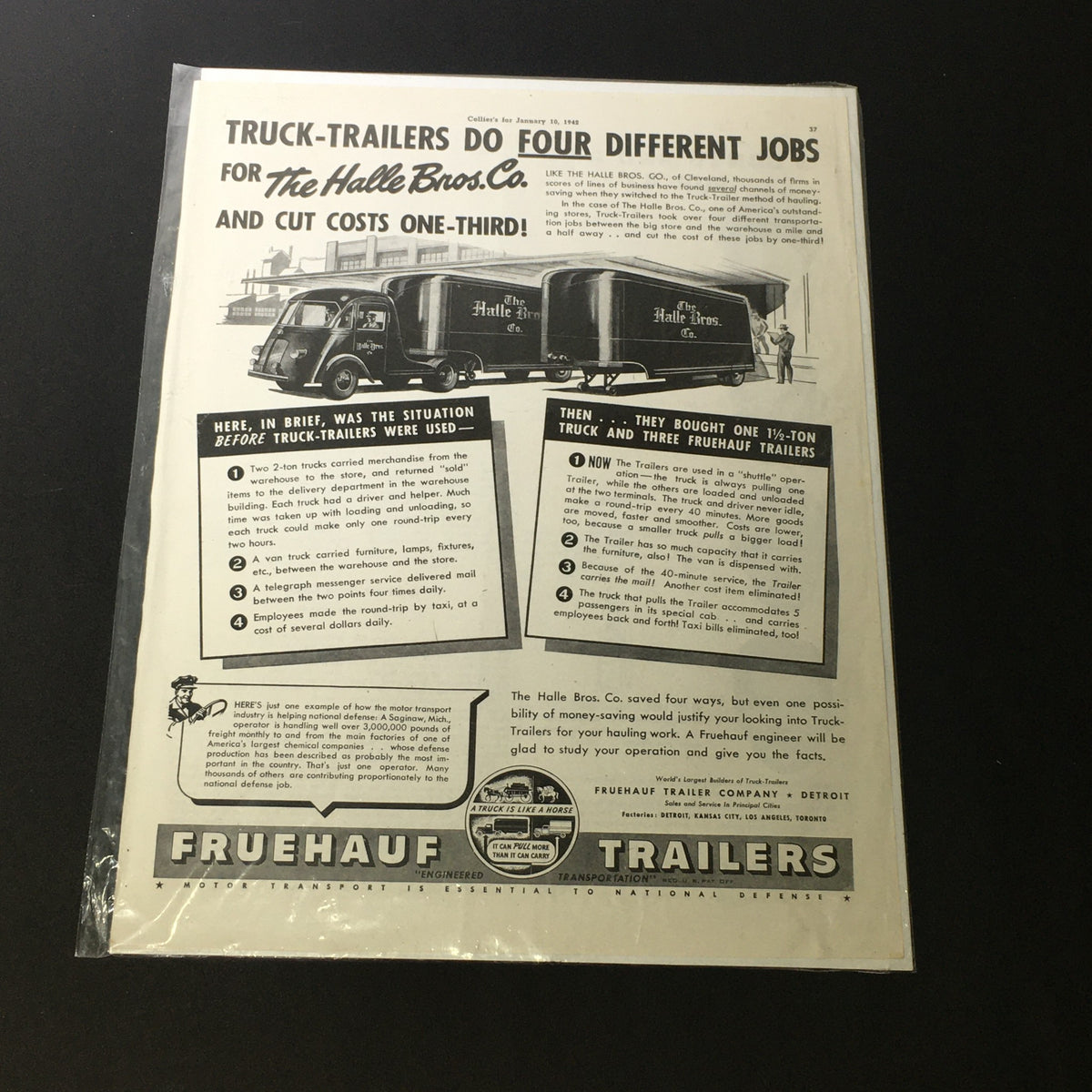 Vintage Fruehauf Trailers Print Ad January 10 1942 featuring The Halle Bro's Co. Truck showcasing the various jobs truck-trailers can perform.