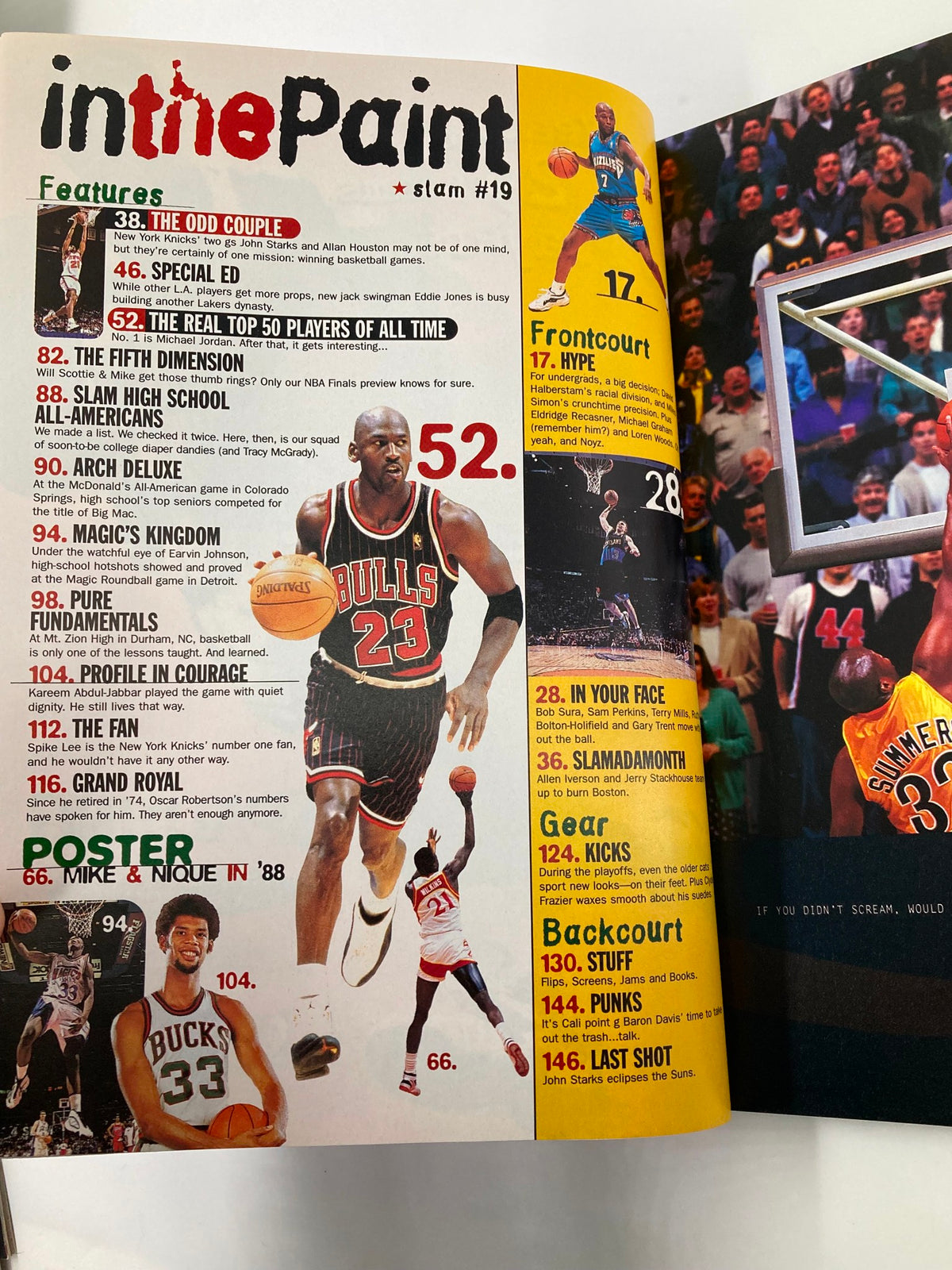 Slam Magazine August 1997 page featuring Michael Jordan, highlighting top NBA players and stats, part of the Chicago Bulls feature with vibrant colors showcasing basketball culture.