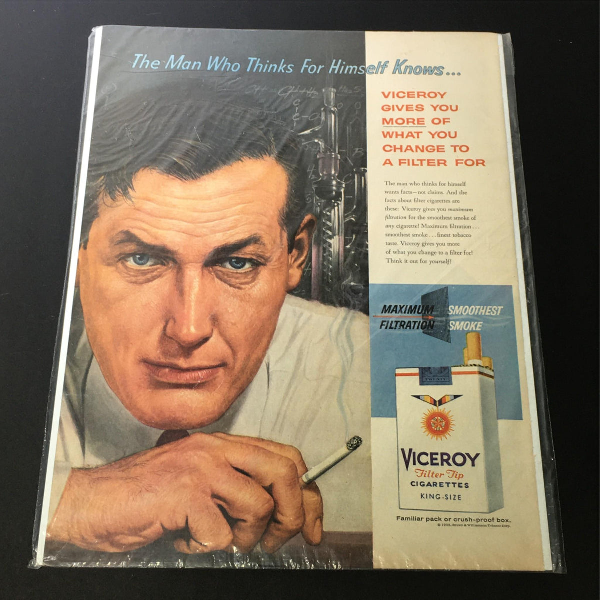 Vintage 1938 print ad for Viceroy King-Size Cigarettes featuring a man with a cigarette, promoting maximum filtration and smoothest smoke.