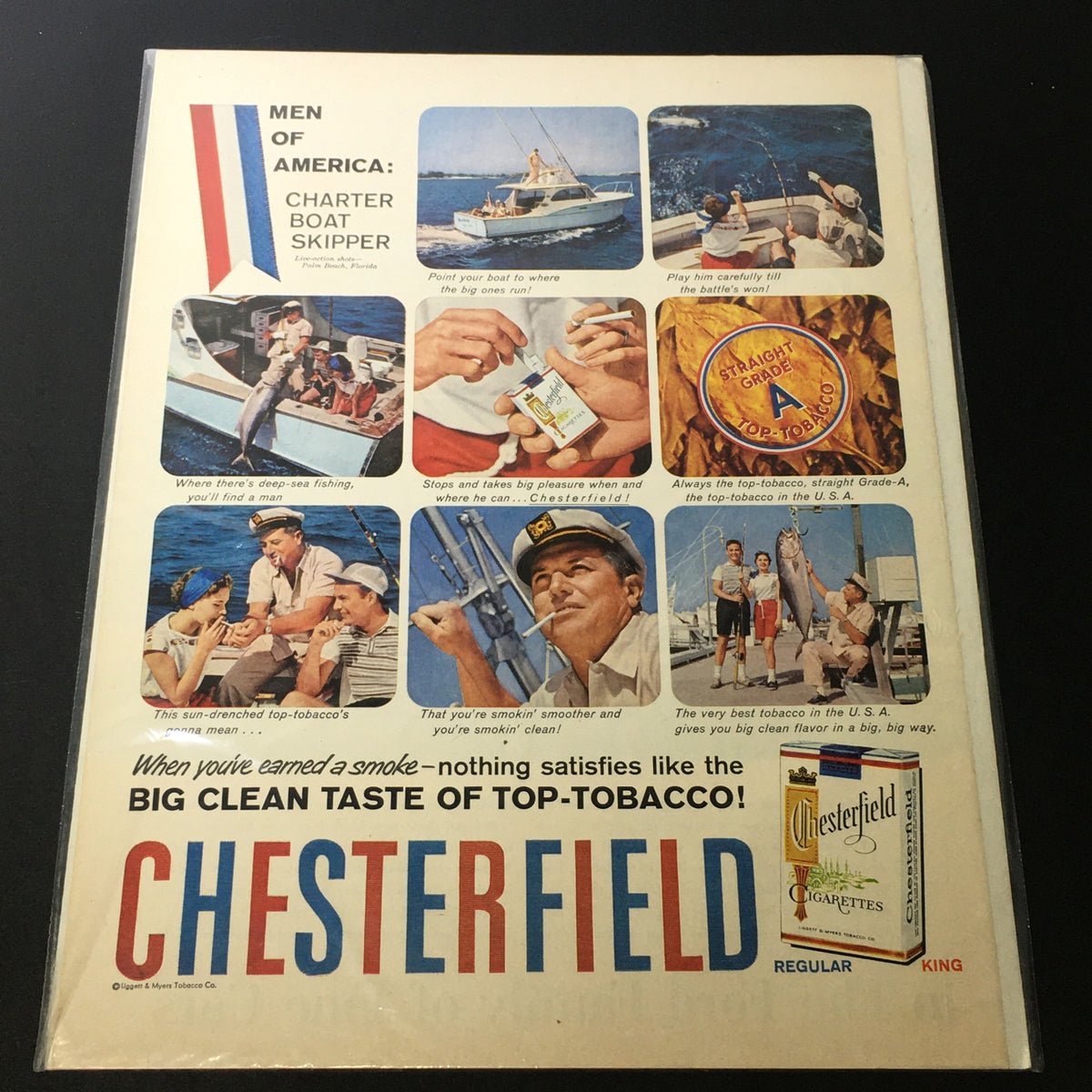 Vintage 1957 Chesterfield King Size Cigarette Print Ad featuring a nautical theme and outdoor scenes, showcasing the product and lifestyle associated with Chesterfield cigarettes from Liggett & Myers Tobacco Co.