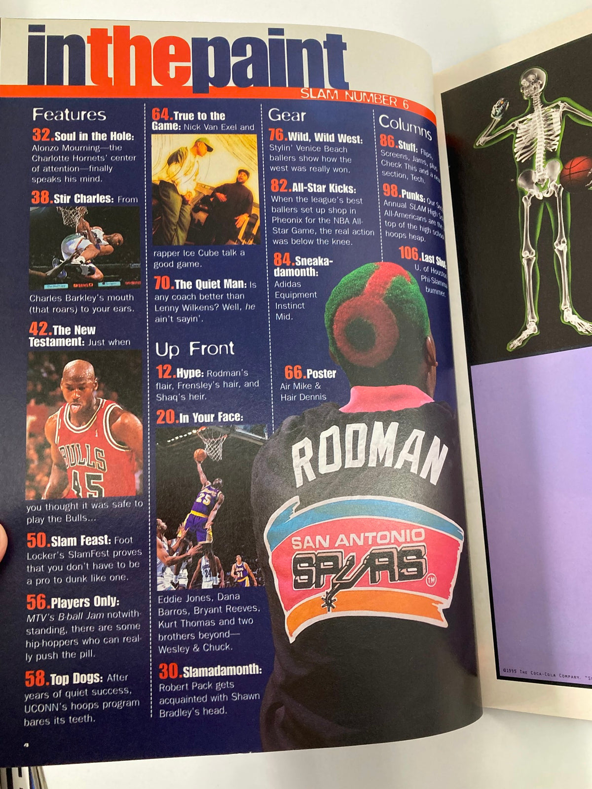 Inside page of Slam Magazine July 1995 displaying features on basketball players including Dennis Rodman and Alonzo Mourning along with appealing graphics.