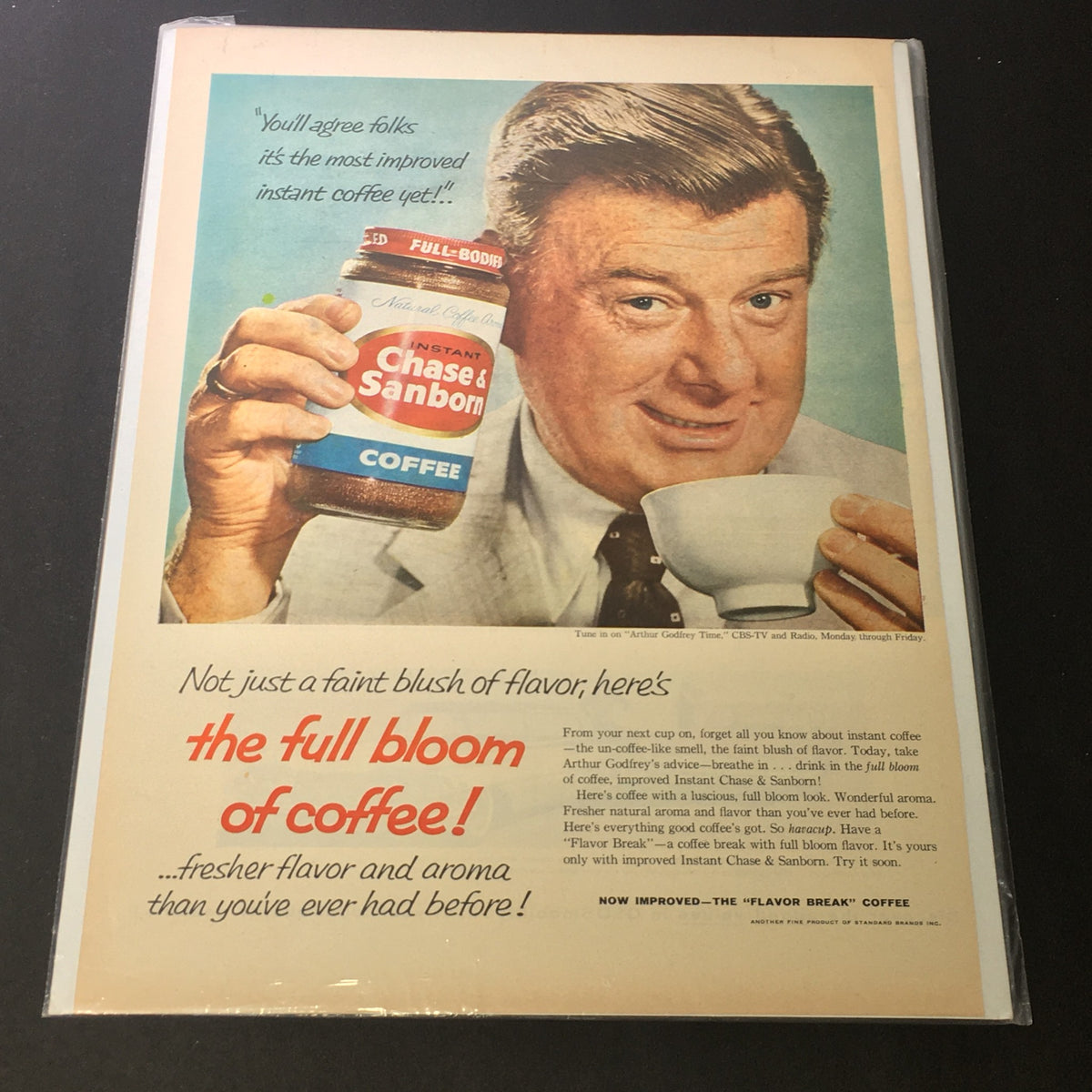 VTG 1958 Chase & Sanborn Full-Bodied Instant Coffee Print Ad featuring Arthur Godfrey, showcasing a charming depiction of the famous personality holding a coffee cup and the instant coffee jar.