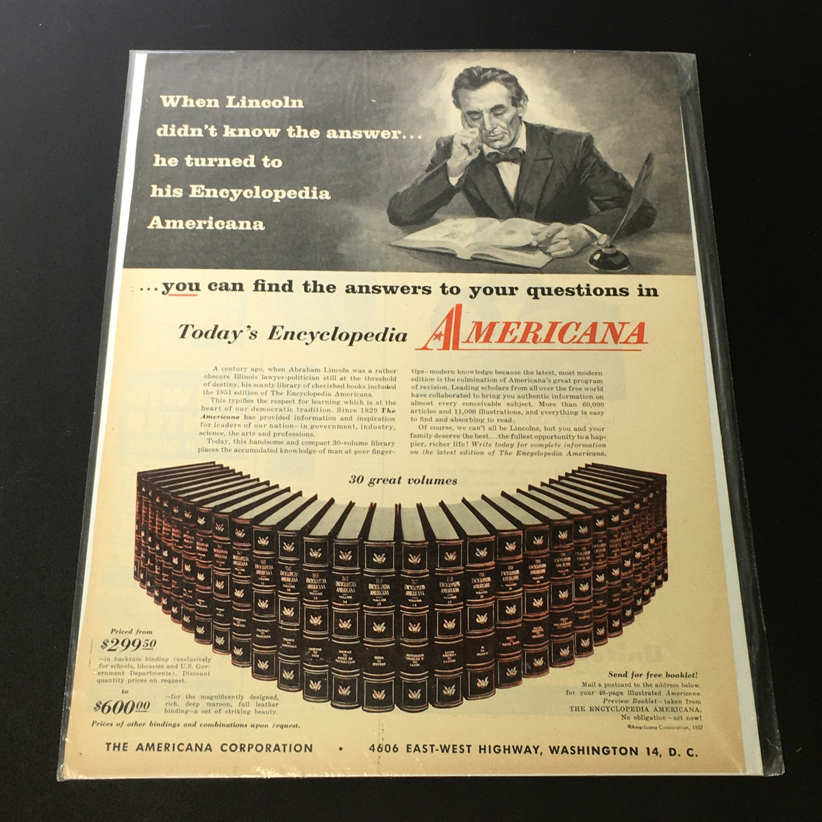 VTG 1957 The Americana Corporation Encyclopedia Abraham Lincoln Print Ad showcasing a vintage advertisement with Abraham Lincoln studying an encyclopedia, highlighting the significance of Lincoln in American history.