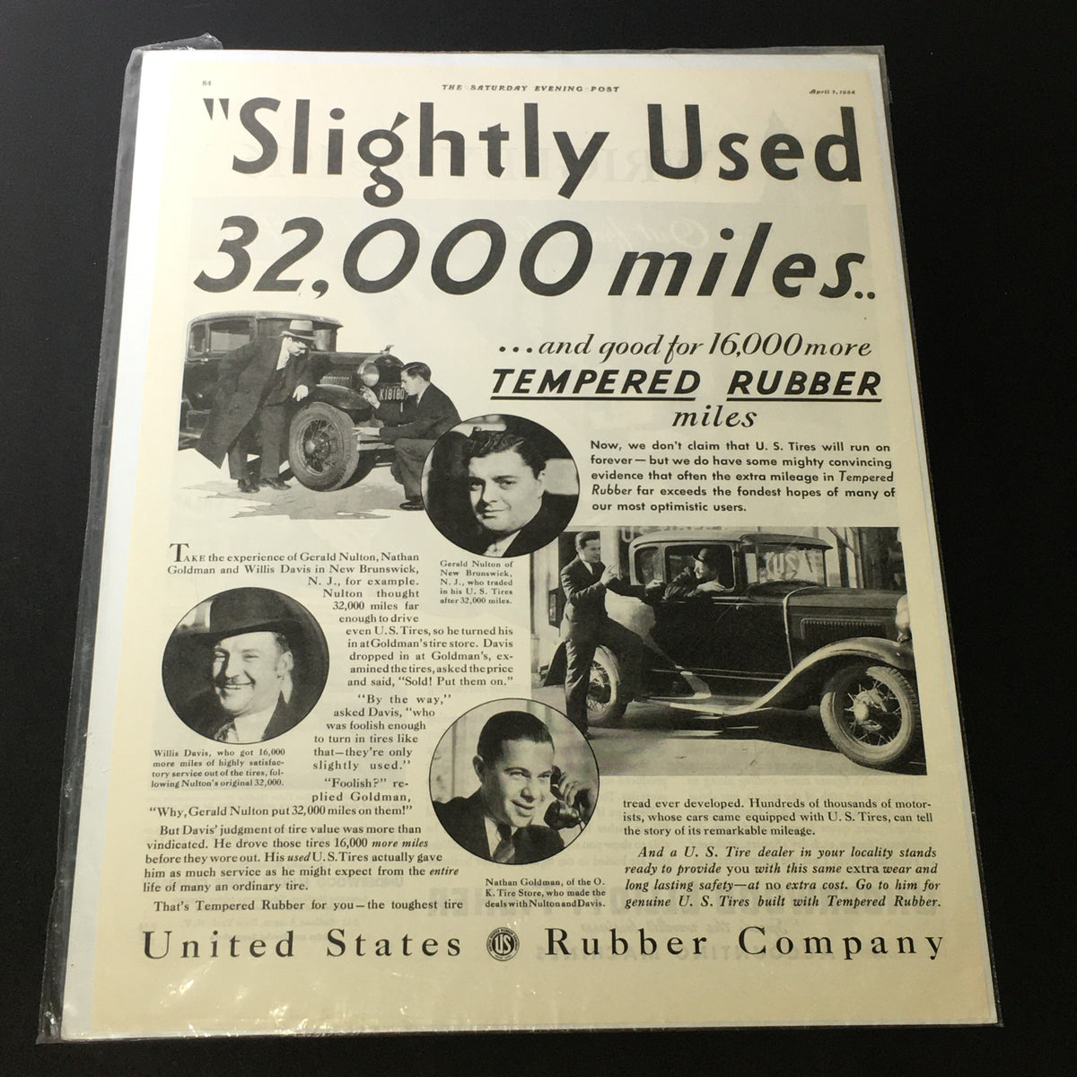 VTG April 7 1934 United States Rubber Company Tempered Rubber Miles Print Ad showcasing vintage automobile advertising with the text 'Slightly Used 32,000 miles' featured prominently.