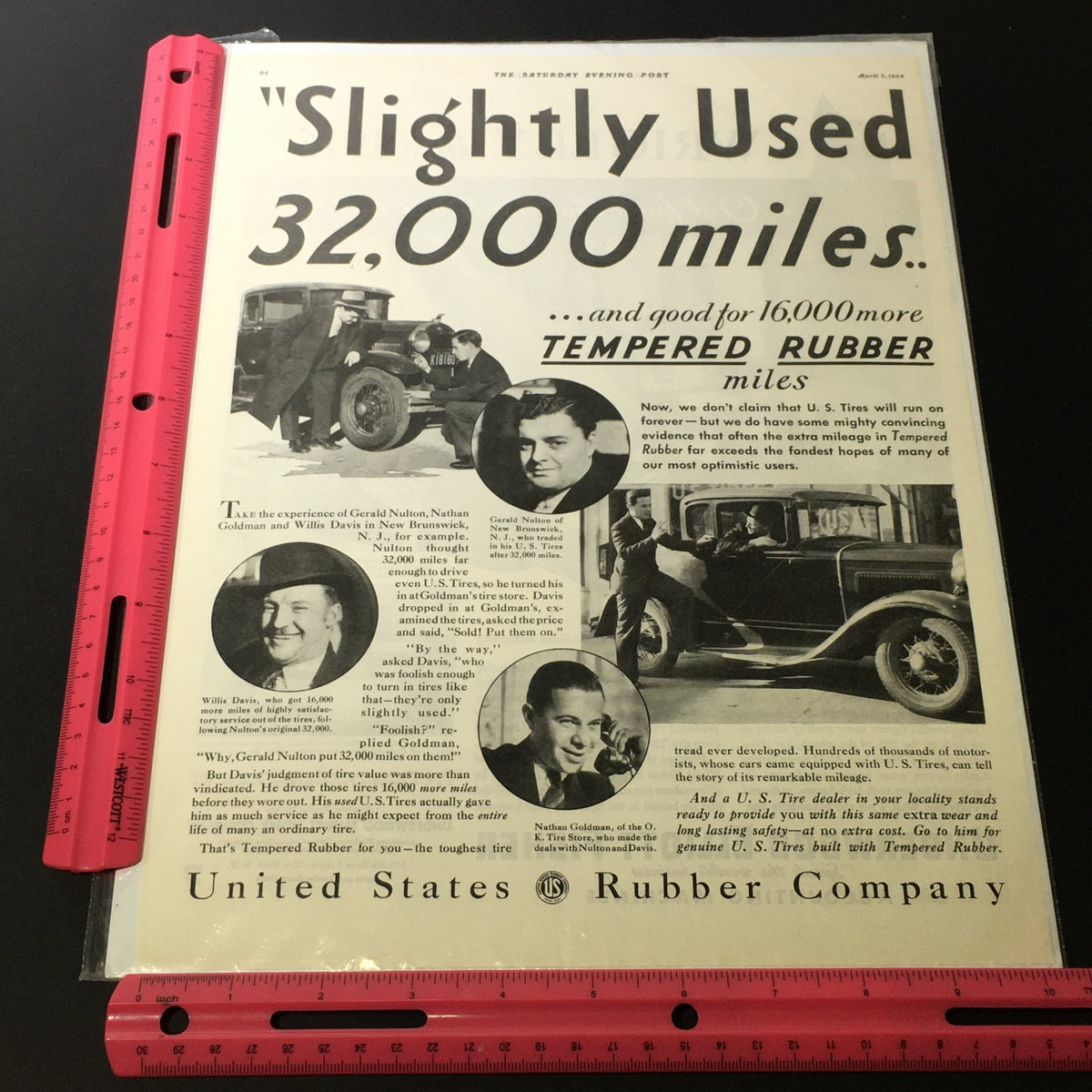VTG April 7 1934 United States Rubber Company Tempered Rubber Miles Print Ad displaying a classic car and highlighting the mileage with vibrant graphics.