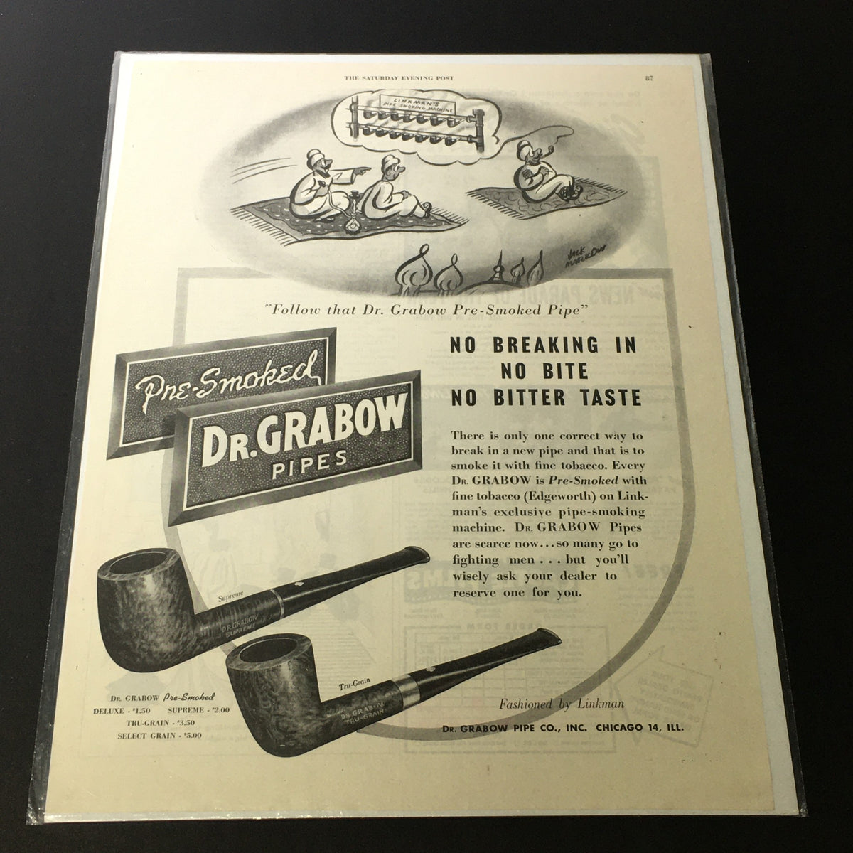 VTG 1969 Linkman by Dr. Gabow Pipe Co. Inc. Tru-Grain Supreme Pipe print ad showcasing pre-smoked Dr. Grabow pipes, emphasizing quality and craftsmanship.