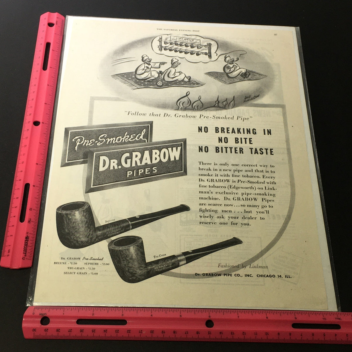 VTG 1969 Linkman by Dr. Gabow Pipe Co. Inc. Tru-Grain Supreme Pipe print ad displayed with a ruler for size reference, highlighting the classic design of Dr. Grabow pipes.