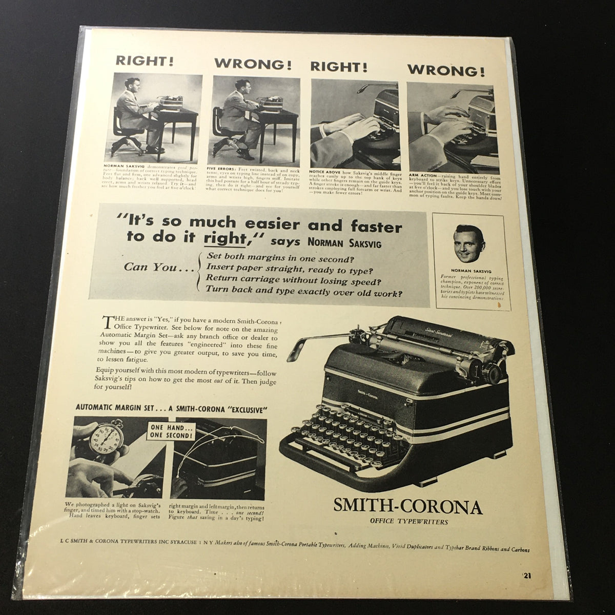 VTG 1940 Smith Corona Office Typewriters feat. Norman King Print Ad showcasing operational instructions with images of a typewriter in use.