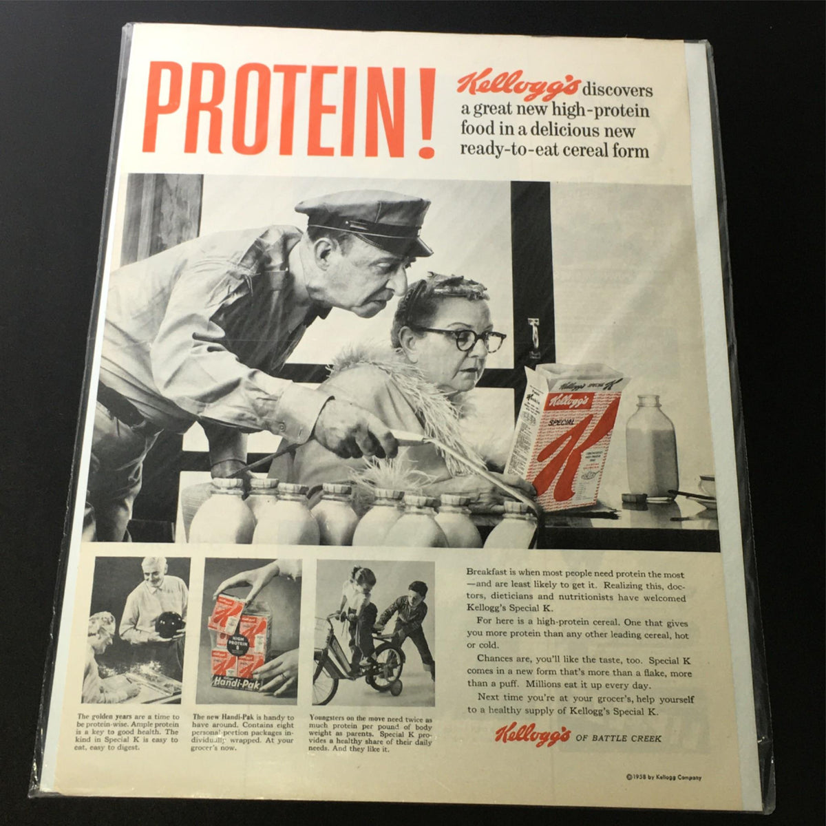 Vintage 1958 Kellogg Company advertisement for Kellogg's Special K showcasing the benefits of a high-protein ready-to-eat cereal, featuring a man serving a woman cereal in a nostalgic setting.